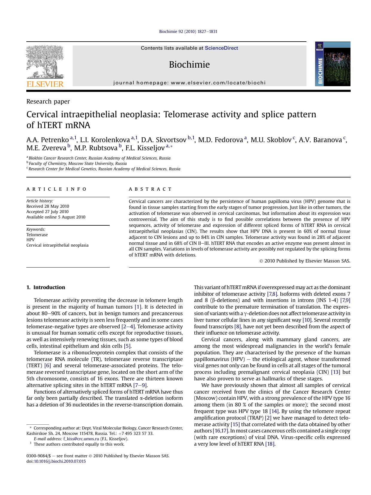 Cervical intraepithelial neoplasia: Telomerase activity and splice pattern of hTERT mRNA by unknow