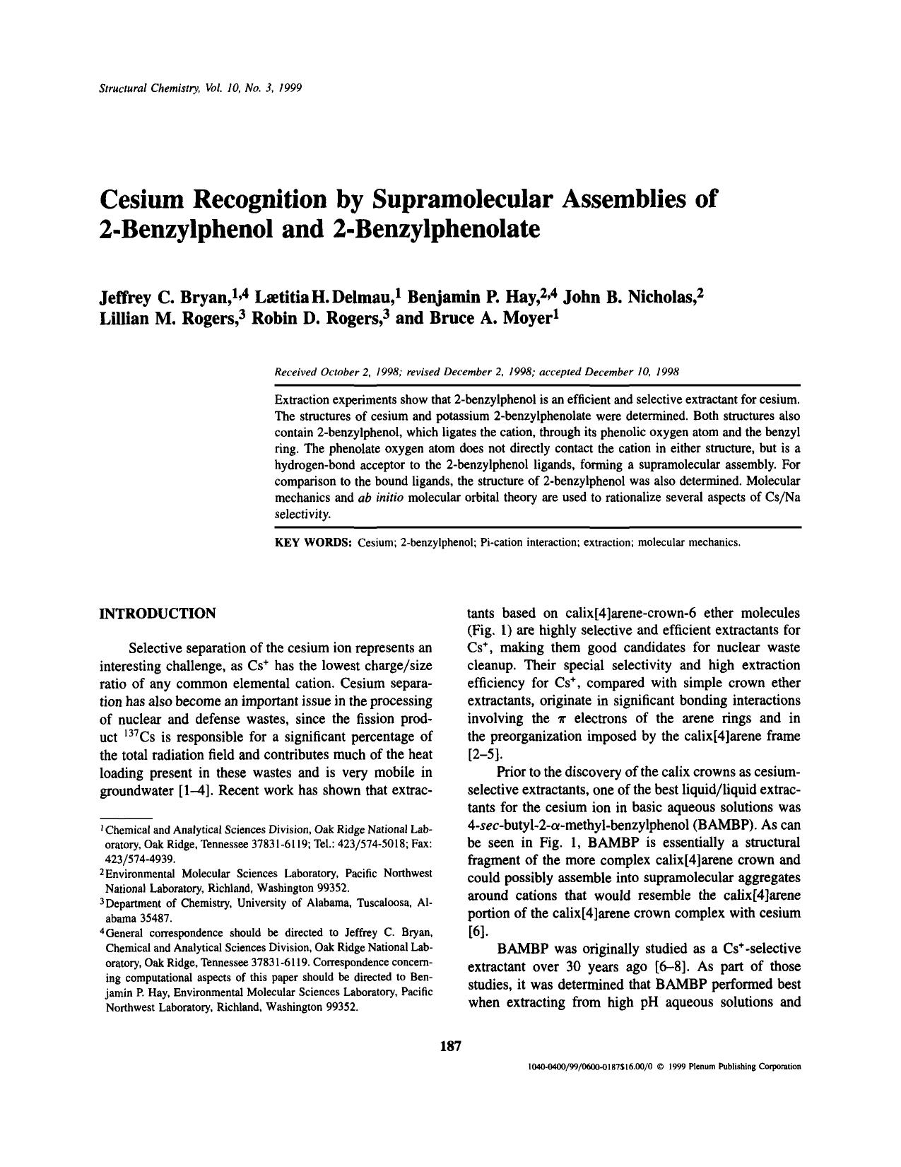 Cesium Recognition by Supramolecular Assemblies of 2-Benzylphenol and 2-Benzylphenolate by Unknown