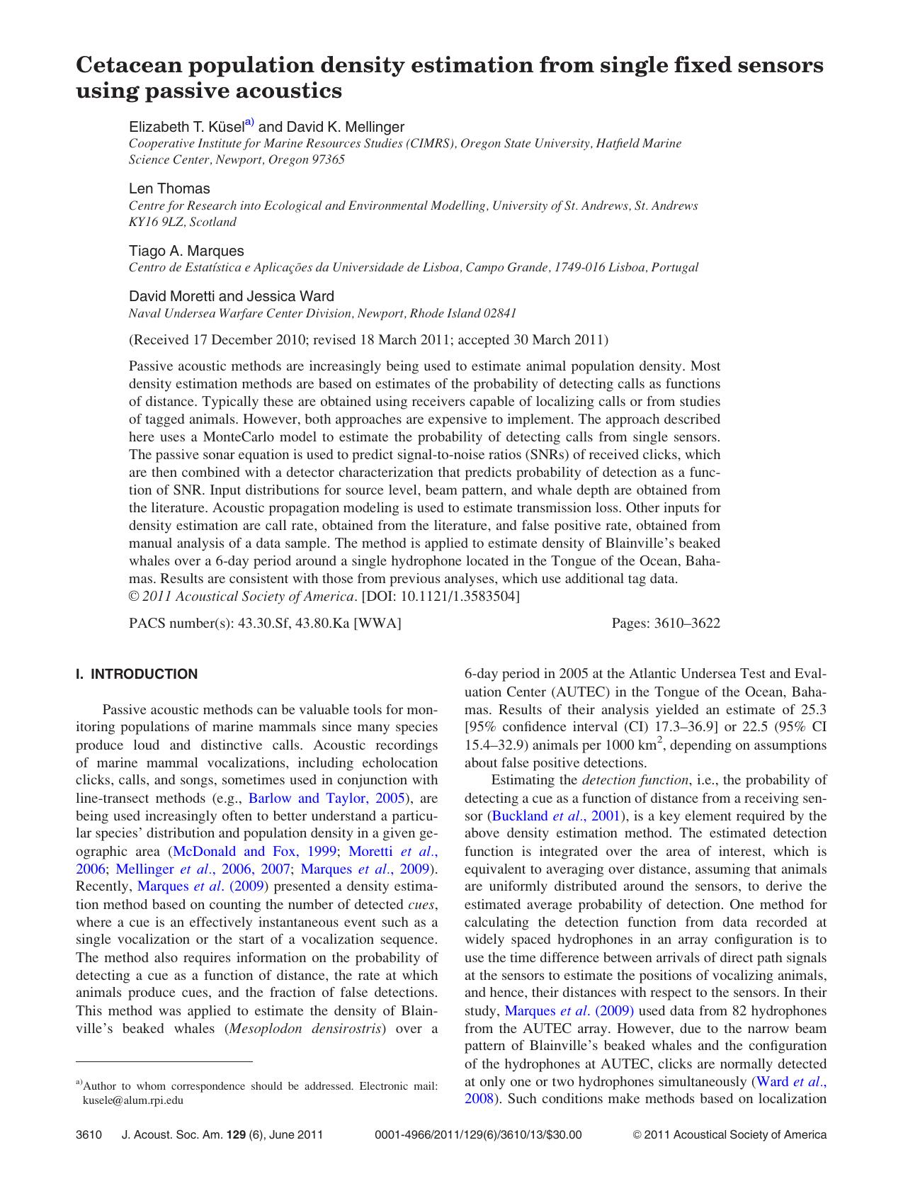 Cetacean population density estimation from single fixed sensors using passive acoustics by unknow