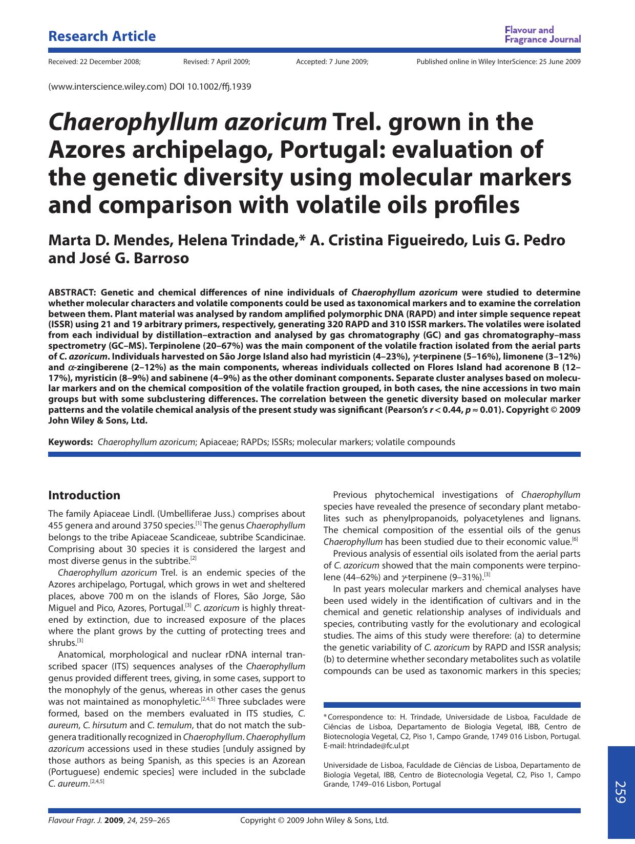 Chaerophyllum azoricum Trel. grown in the Azores archipelago, Portugal: evaluation of the genetic diversity using molecular markers and comparison with volatile oils profiles by PC