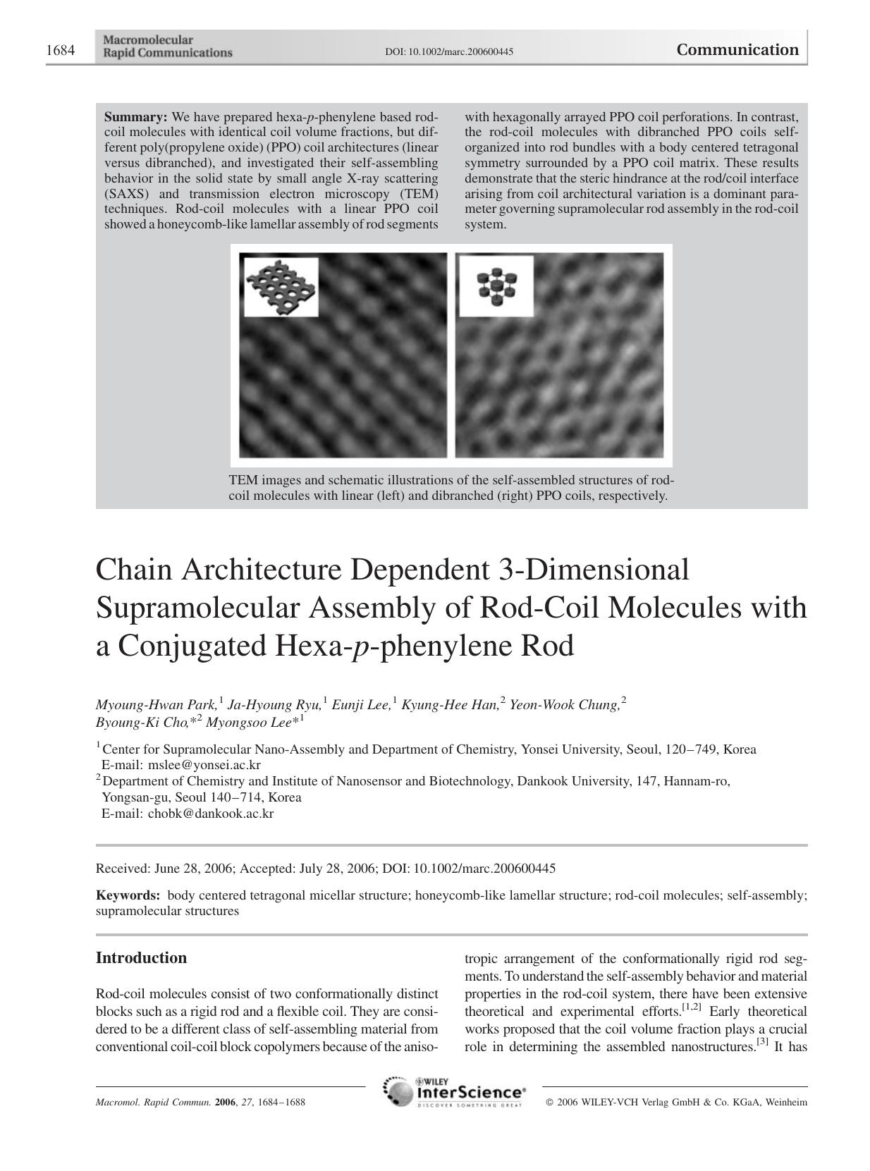 Chain Architecture Dependent 3-Dimensional Supramolecular Assembly of Rod-Coil Molecules with a Conjugated Hexa-p-phenylene Rod by Unknown