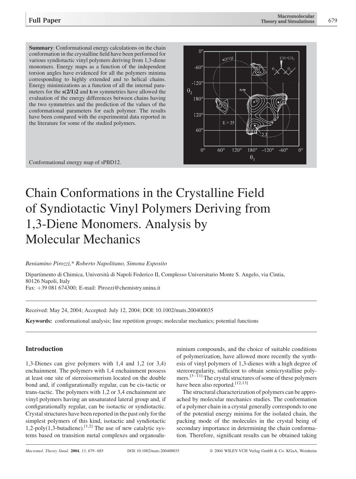 Chain Conformations in the Crystalline Field of Syndiotactic Vinyl Polymers Deriving from 1,3-Diene Monomers. Analysis by Molecular Mechanics by Unknown