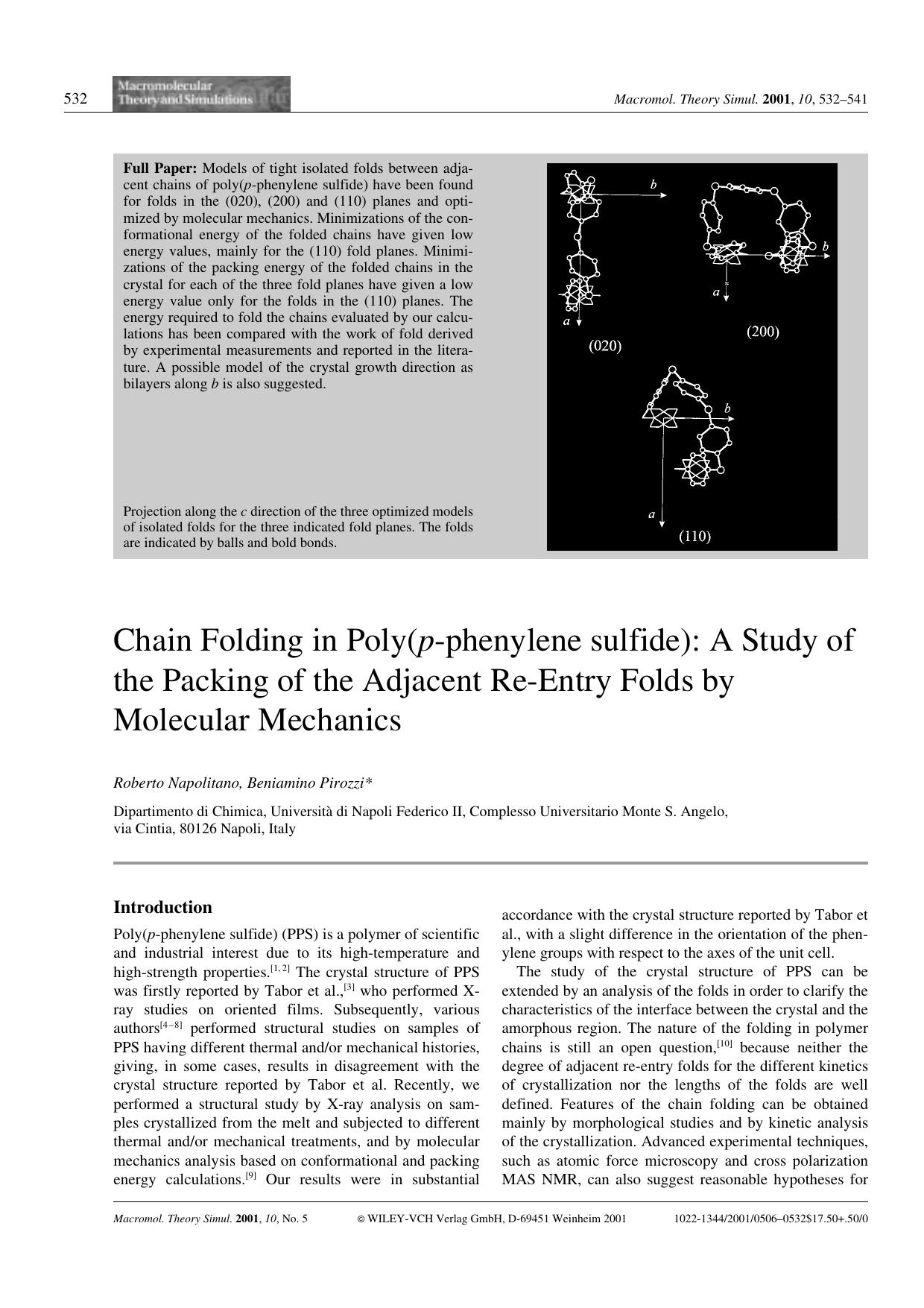 Chain Folding in Poly(p-phenylene sulfide): A Study of the Packing of the Adjacent Re-Entry Folds by Molecular Mechanics by Unknown