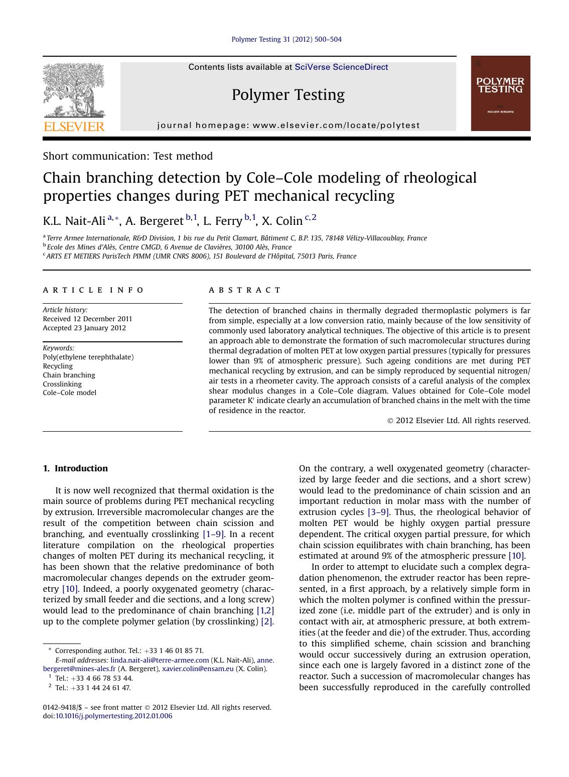 Chain branching detection by Cole-Cole modeling of rheological properties changes during PET mechanical recycling by K.L. Nait-Ali & A. Bergeret & L. Ferry & X. Colin