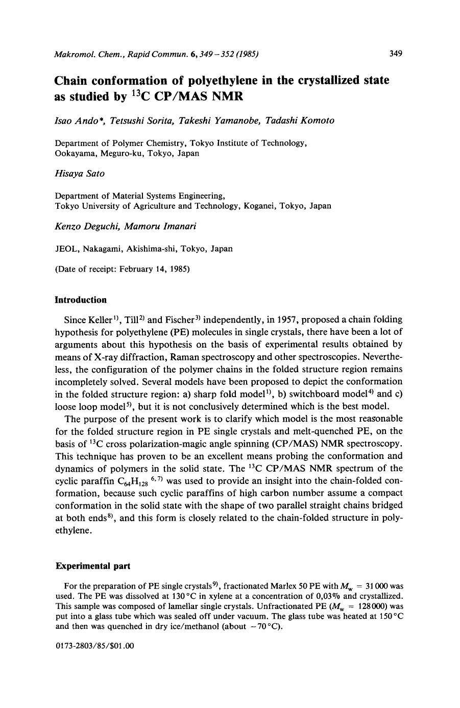 Chain conformation of polyethylene in the crystallized state as studied by 13C CPMAS NMR by Unknown