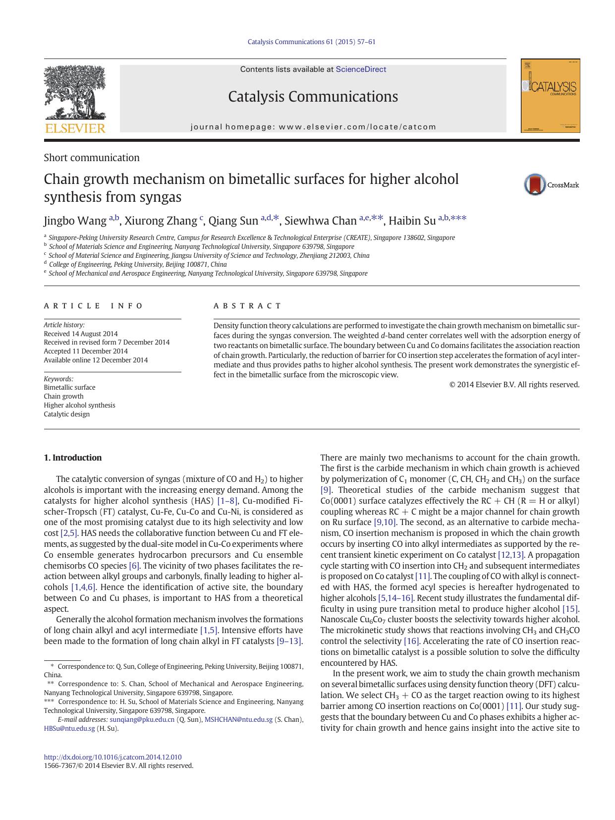 Chain growth mechanism on bimetallic surfaces for higher alcohol synthesis from syngas by Jingbo Wang & Xiurong Zhang & Qiang Sun & Siewhwa Chan & Haibin Su