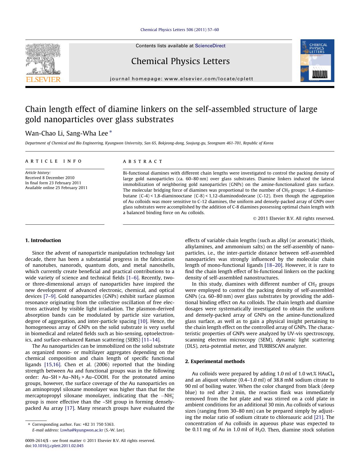 Chain length effect of diamine linkers on the self-assembled structure of large gold nanoparticles over glass substrates by Wan-Chao Li & Sang-Wha Lee