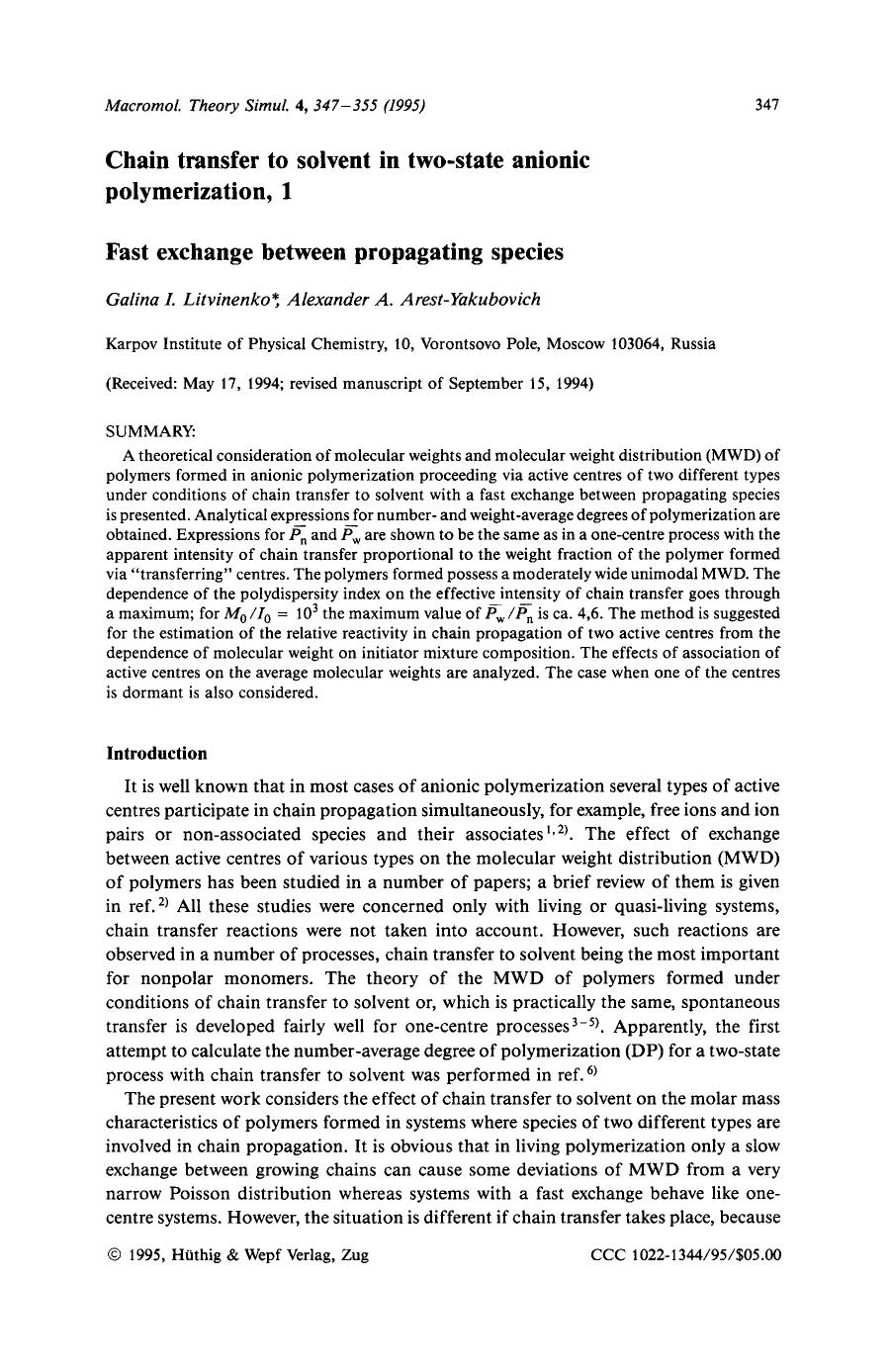 Chain transfer to solvent in two-state anionic polymerization, 1. Fast exchange between propagating species by Unknown
