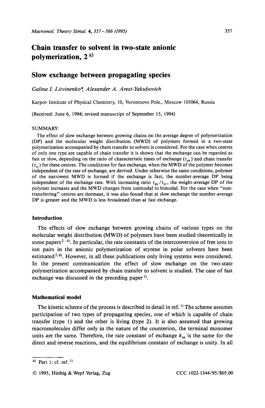 Chain transfer to solvent in two-state anionic polymerization, 2. Slow exchange between propagating species by Unknown
