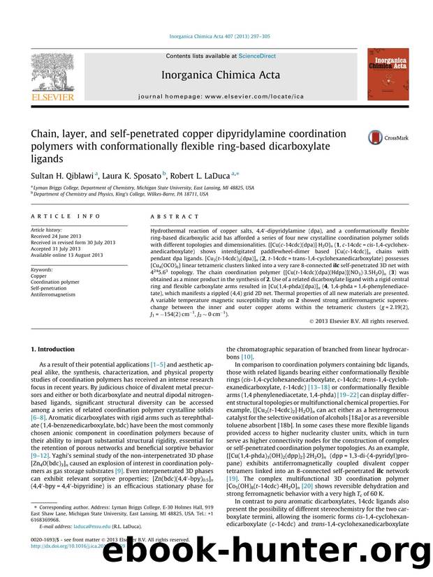 Chain, layer, and self-penetrated copper dipyridylamine coordination polymers with conformationally flexible ring-based dicarboxylate ligands by Sultan H. Qiblawi & Laura K. Sposato & Robert L. LaDuca