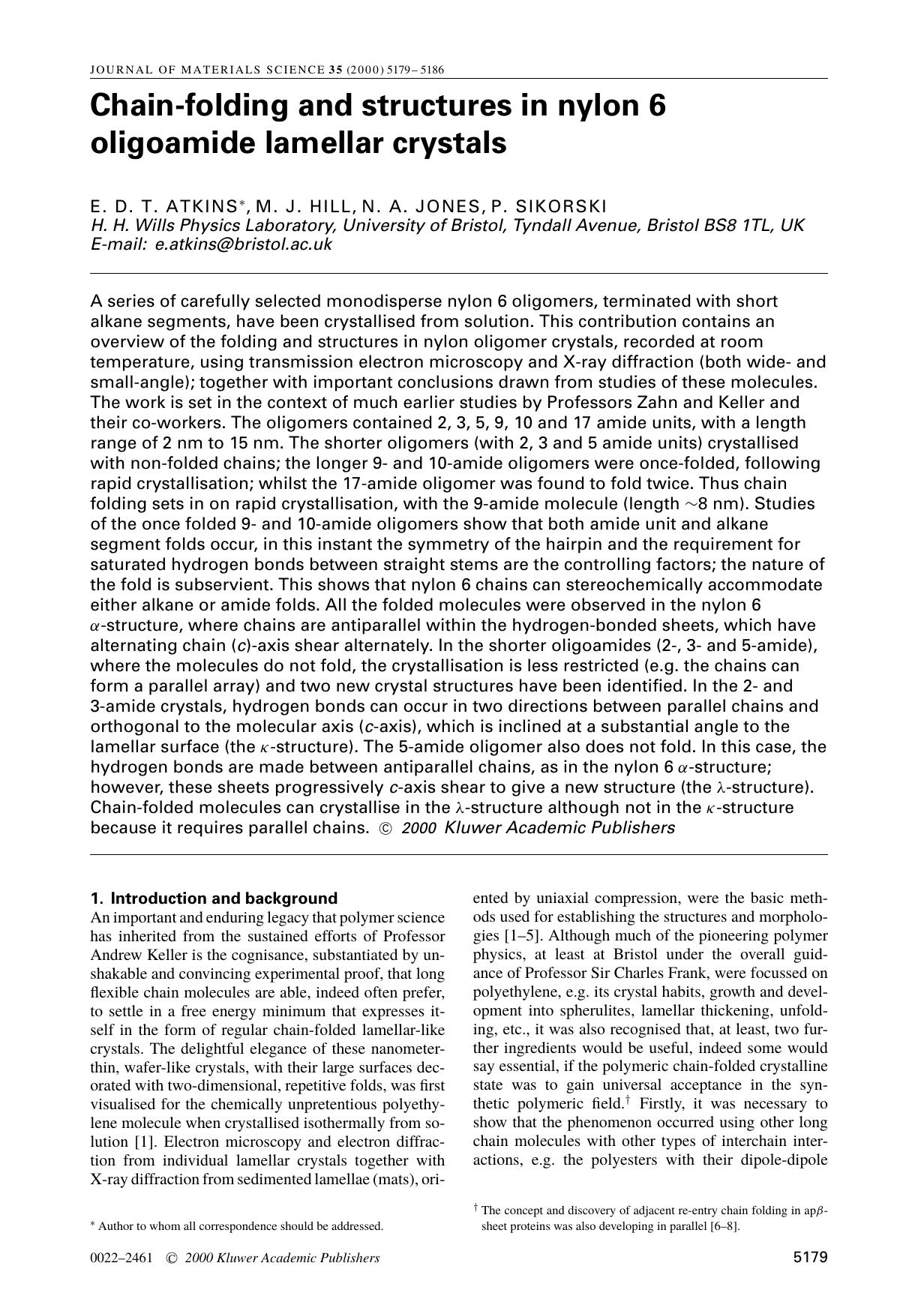 Chain-folding and structures in nylon 6 oligoamide lamellar crystals by Unknown
