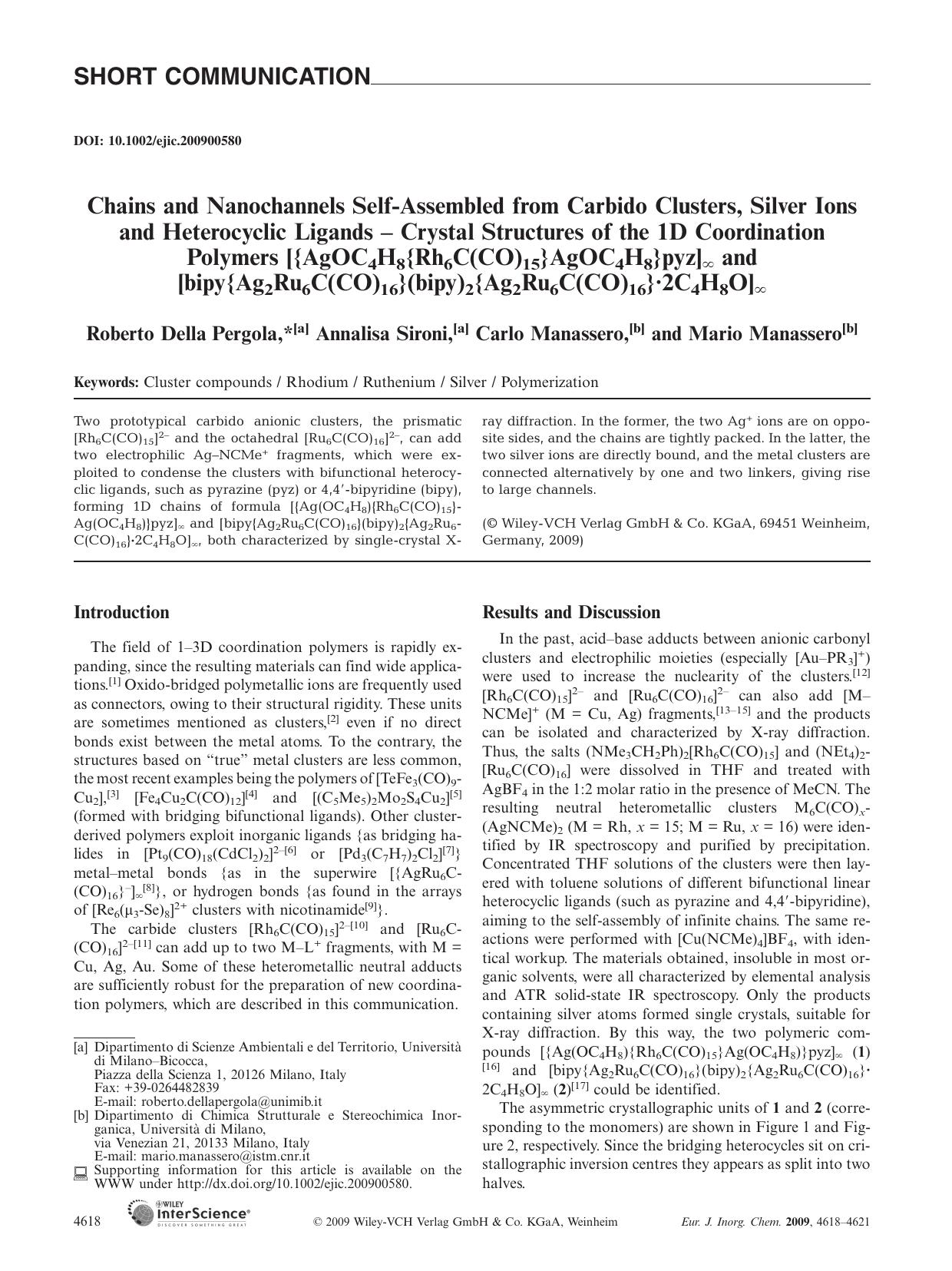 Chains and Nanochannels Self-Assembled from Carbido Clusters, Silver Ions and Heterocyclic Ligands - Crystal Structures of the 1D Coordination Polymers [{AgOC4H8{Rh6C(CO)15}AgOC4H8 by Unknown