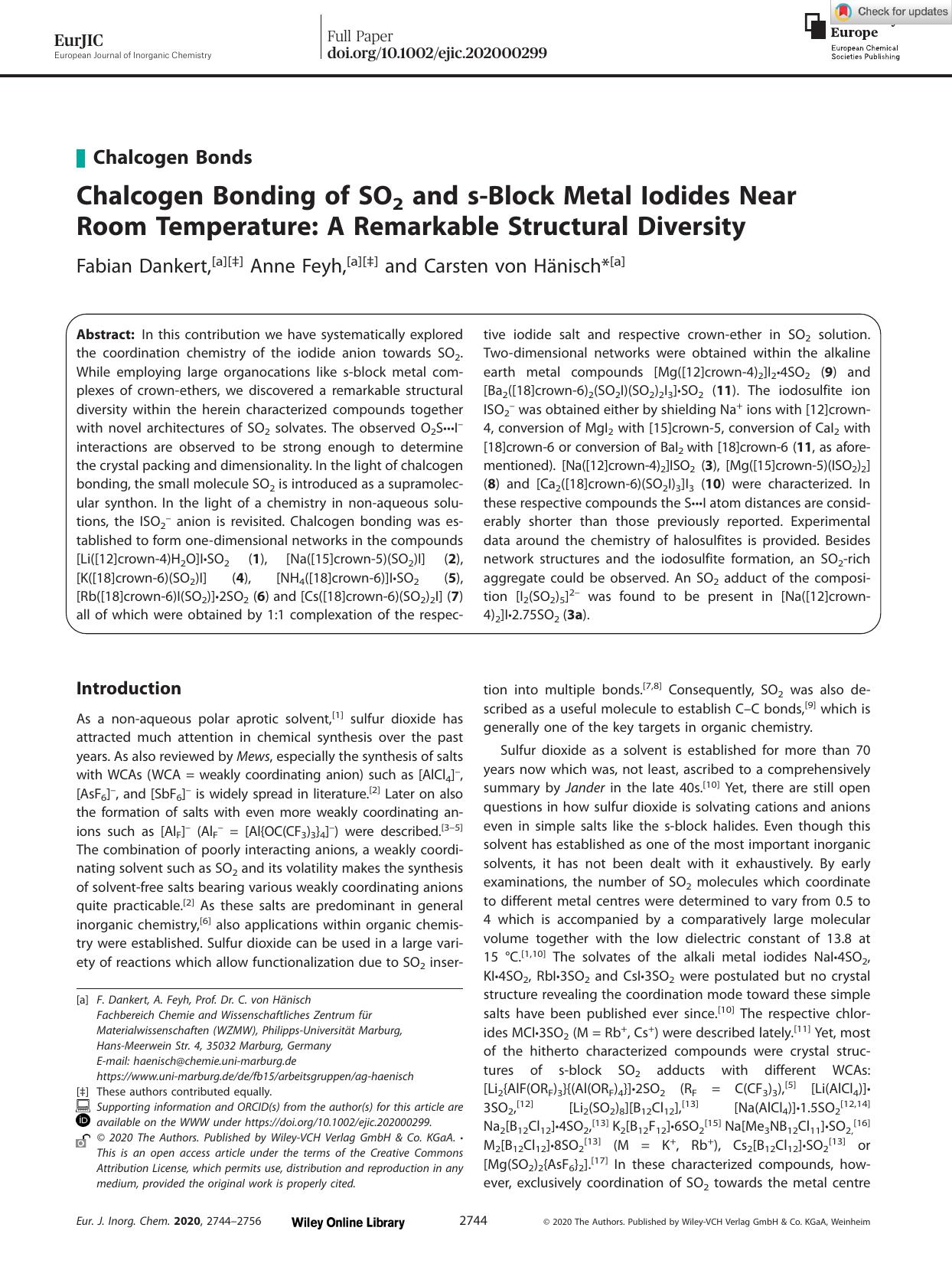 Chalcogen Bonding of SO2 and sâBlock Metal Iodides Near Room Temperature: A Remarkable Structural Diversity by Unknown