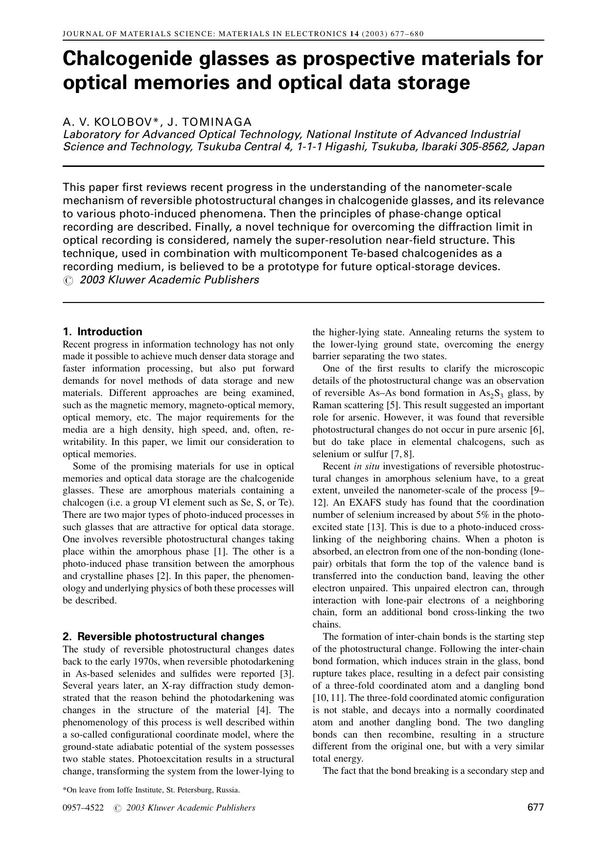 Chalcogenide glasses as prospective materials for optical memories and optical data storage by Unknown