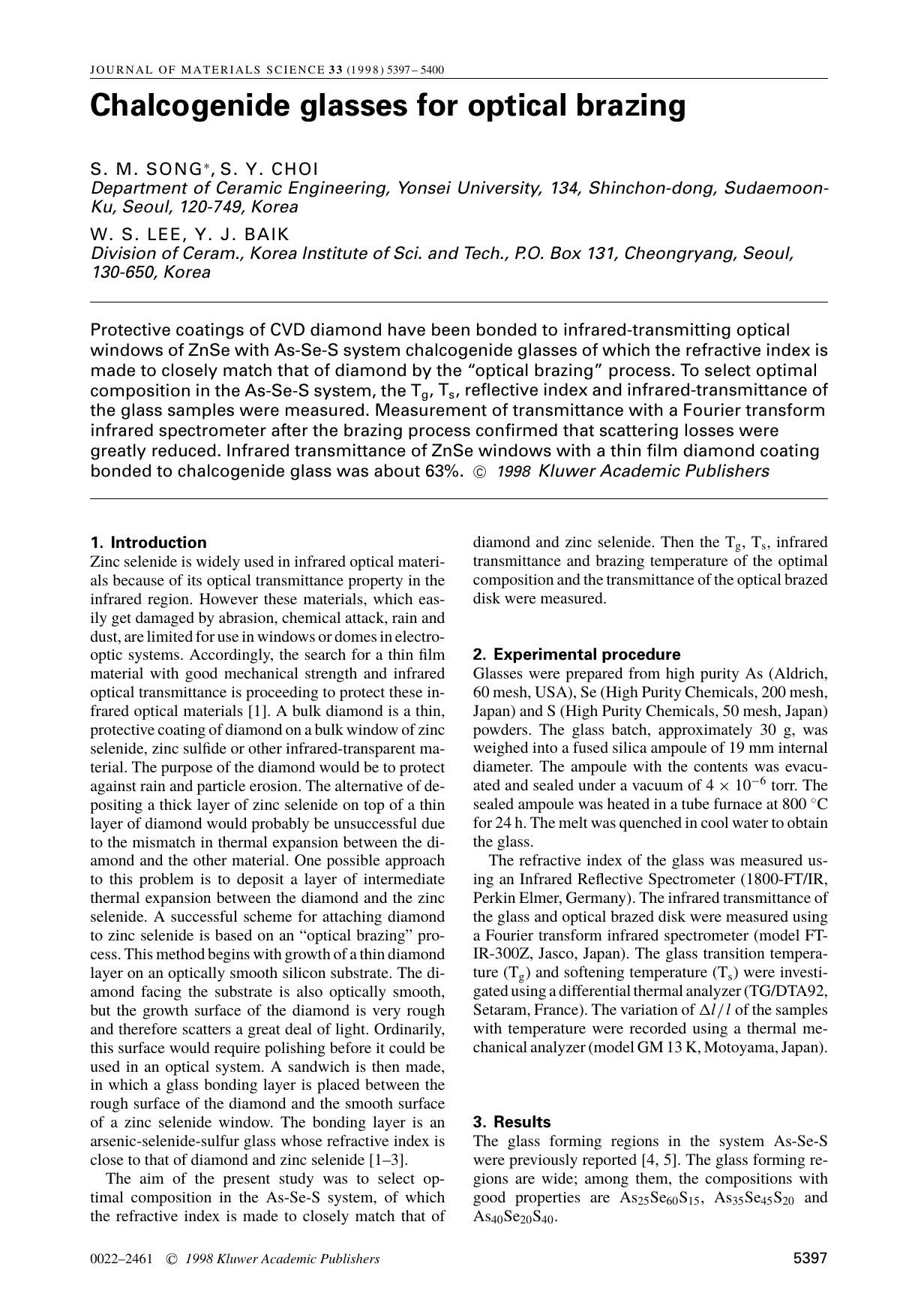 Chalcogenide glasses for optical brazing by Unknown