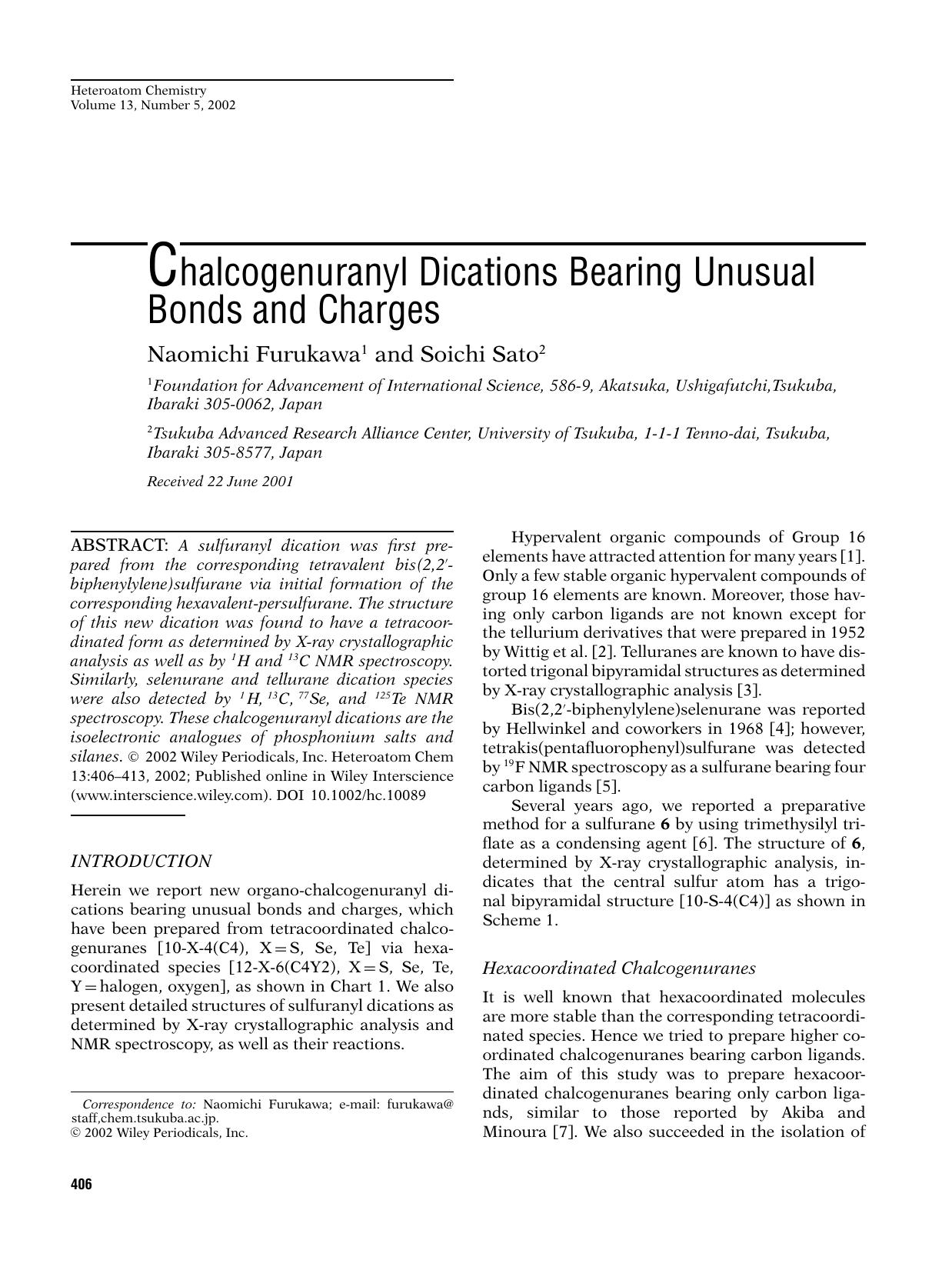 Chalcogenuranyl dications bearing unusual bonds and charges by Unknown