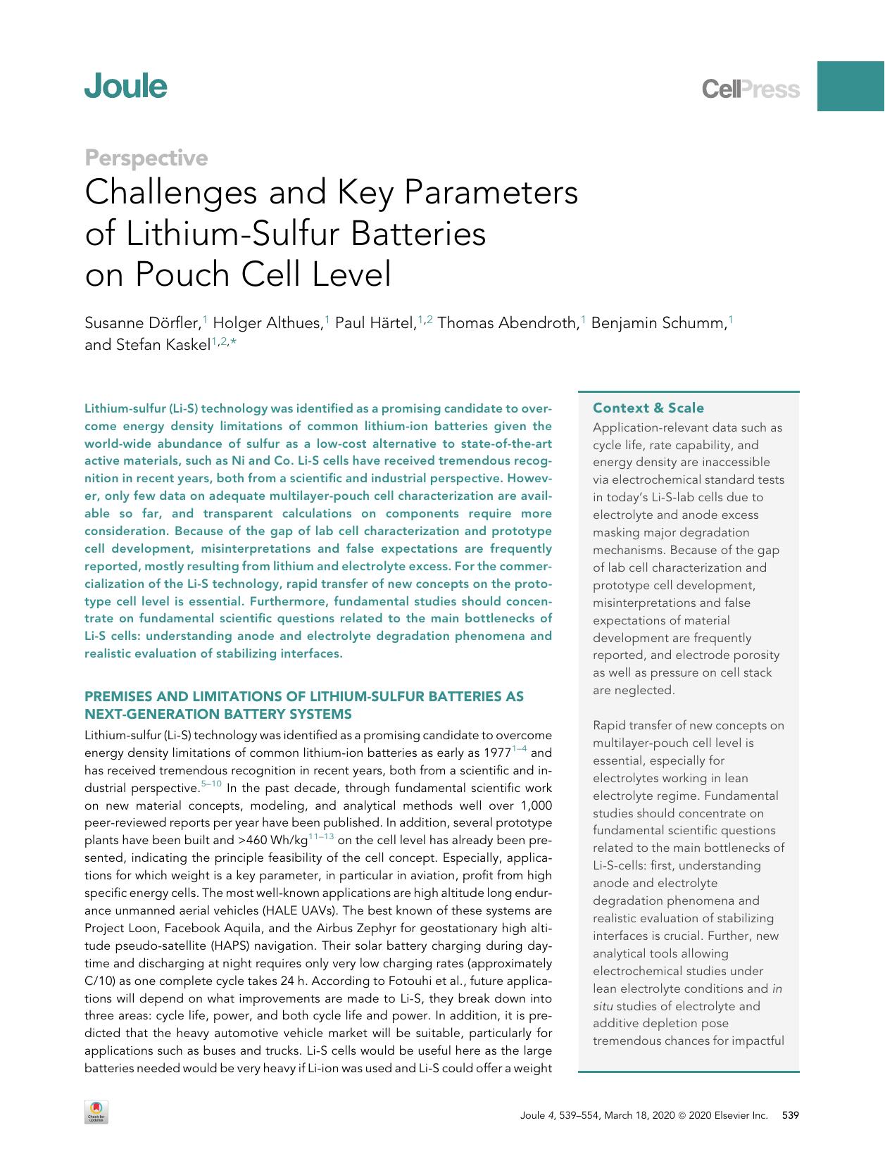 Challenges and Key Parameters of Lithium-Sulfur Batteries on Pouch Cell Level by unknow
