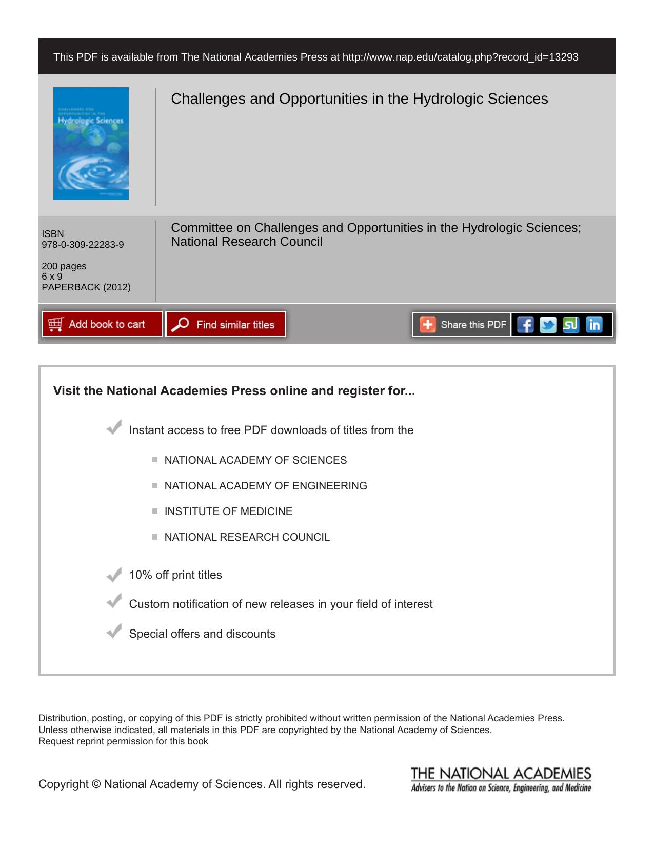 Challenges and Opportunities in the Hydrologic Sciences by Committee on Challenges and Opportunities in the Hydrologic Sciences National Research Council