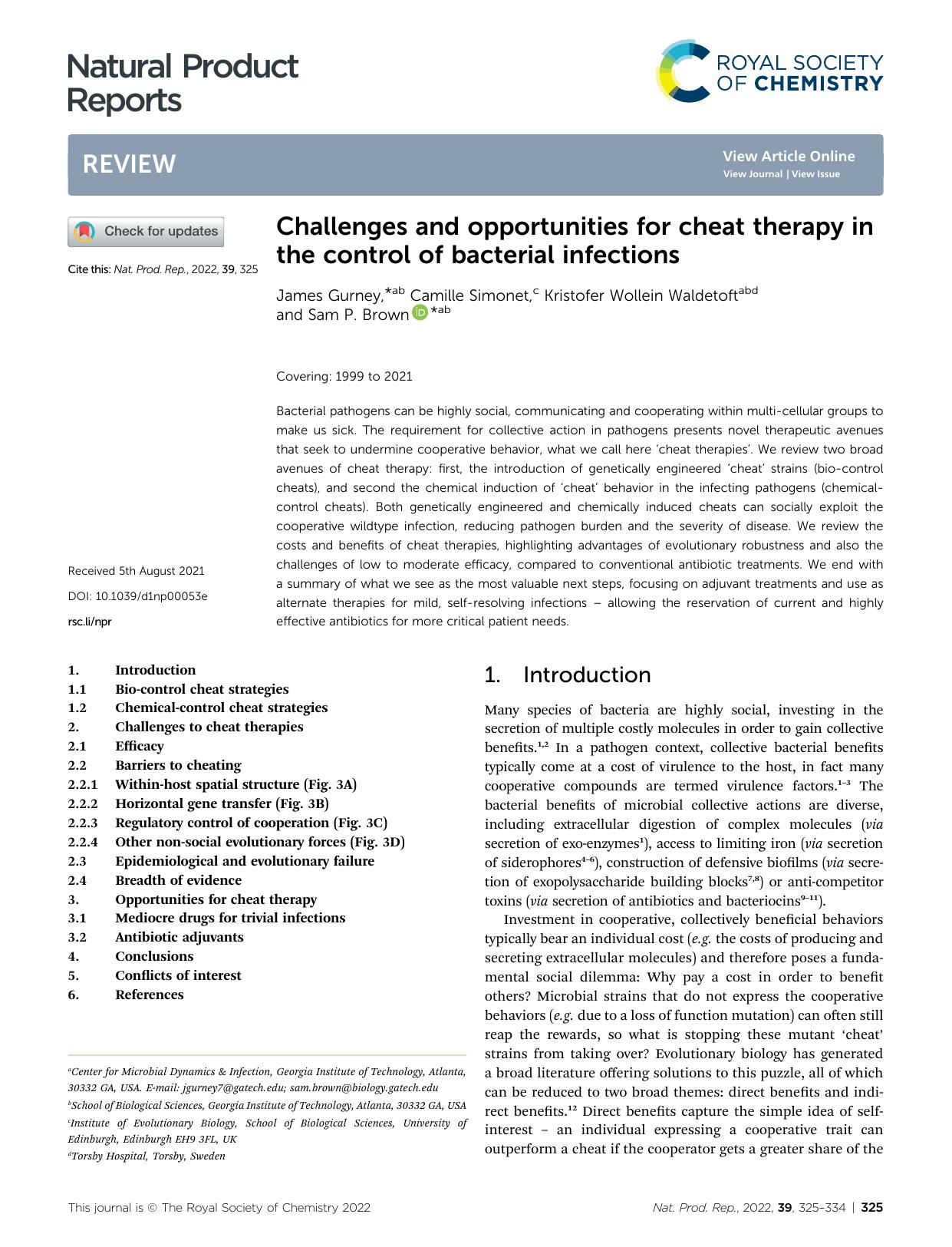Challenges and opportunities for cheat therapy in the control of bacterial infections by James Gurney & Camille Simonet & Kristofer Wollein Waldetoft & Sam P. Brown