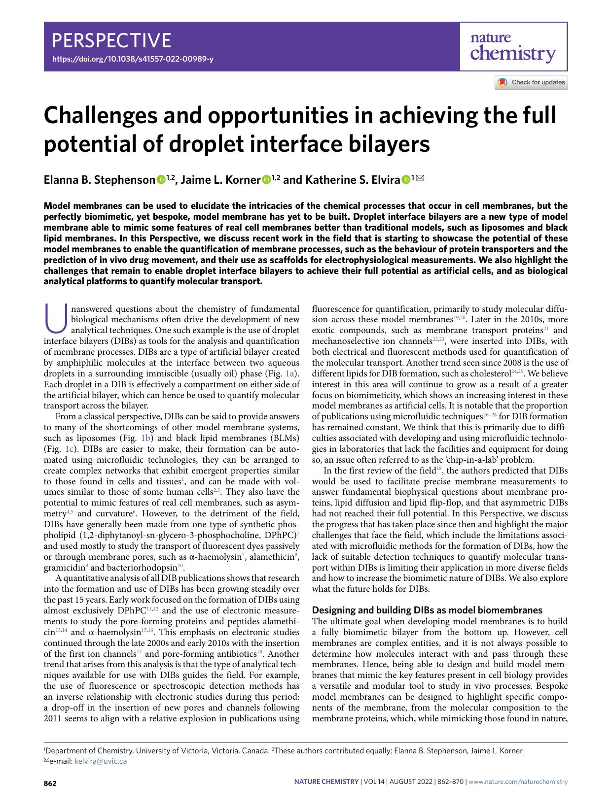 Challenges and opportunities in achieving the full potential of droplet interface bilayers by Elanna B. Stephenson & Jaime L. Korner & Katherine S. Elvira