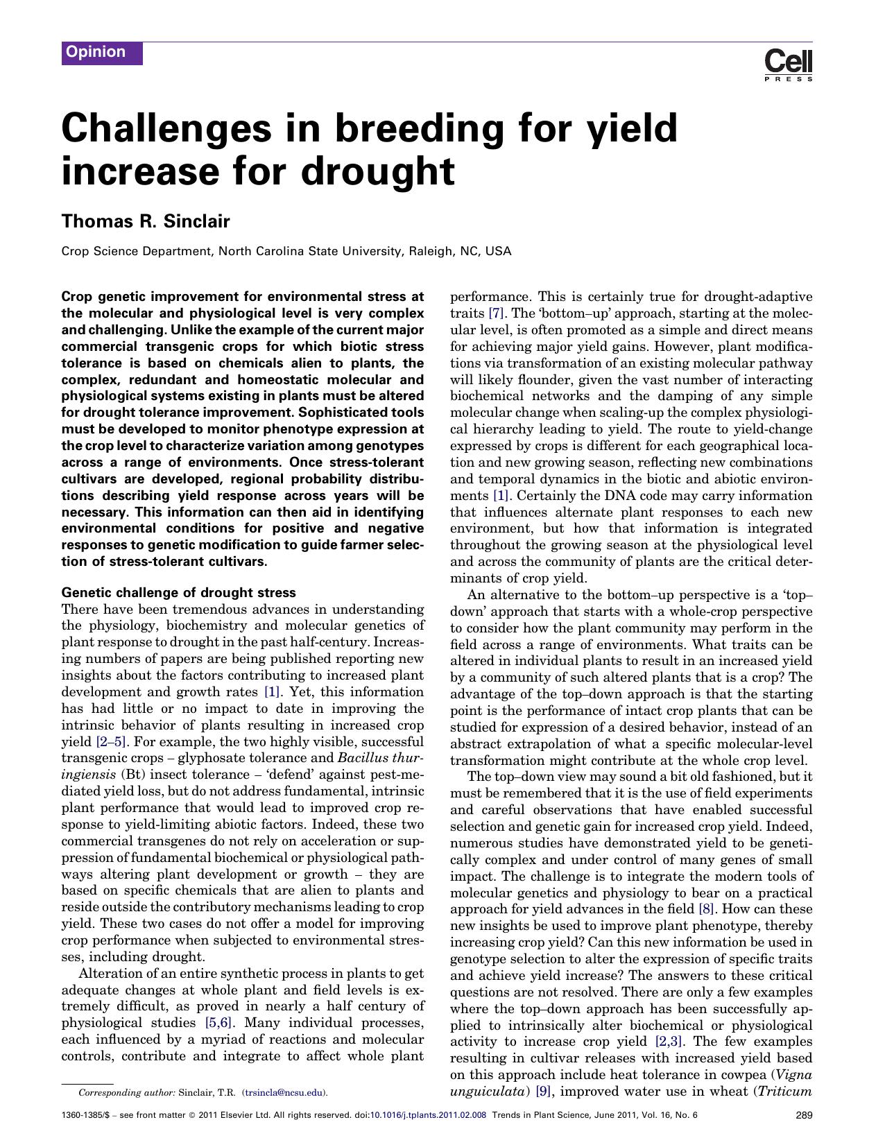 Challenges in breeding for yield increase for drought by Thomas R. Sinclair
