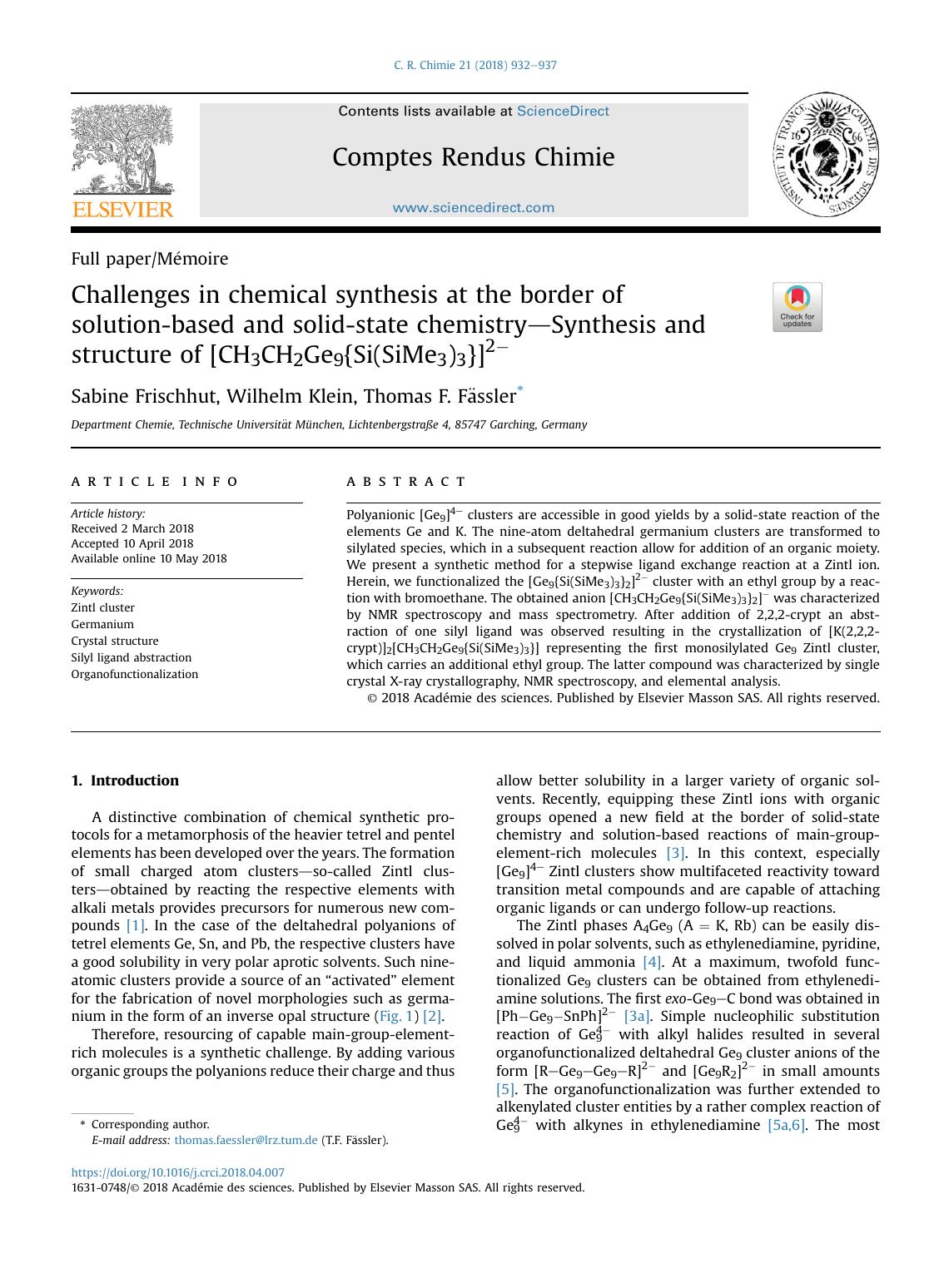 Challenges in chemical synthesis at the border of solution-based and solid-state chemistry-Synthesis and structure of [CH3CH2Ge9{Si(SiMe3)3}]2- by Sabine Frischhut & Wilhelm Klein & Thomas F. Fässler