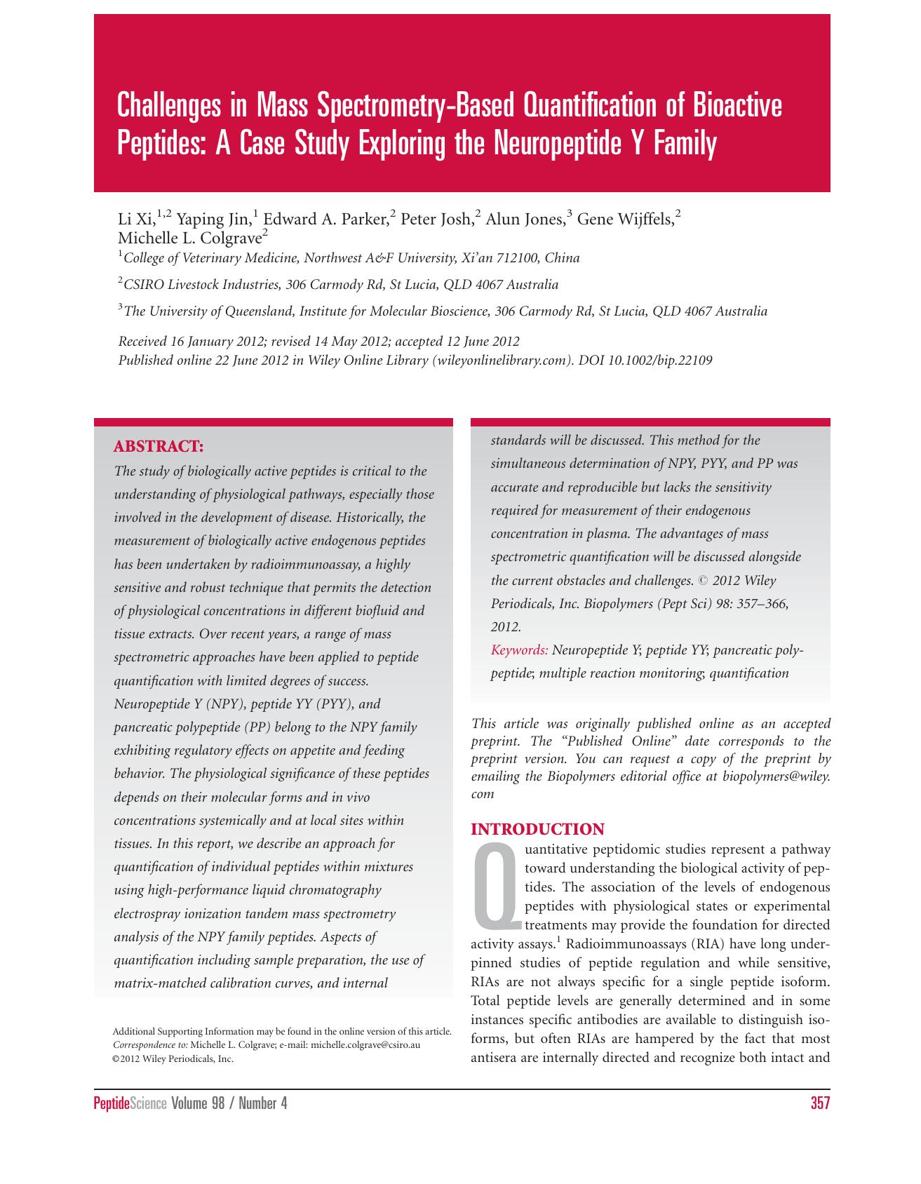 Challenges in mass spectrometrybased quantification of bioactive peptides: A case study exploring the neuropeptide Y family by Unknown