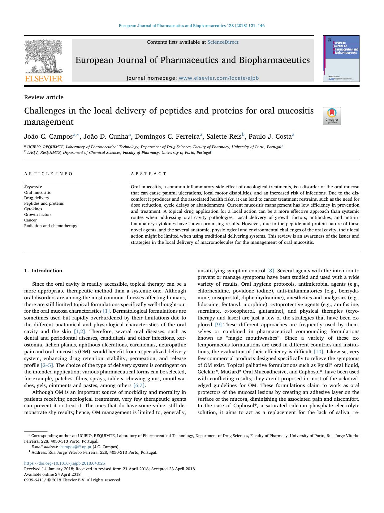Challenges in the local delivery of peptides and proteins for oral mucositis management by João C. Campos & João D. Cunha & Domingos C. Ferreira & Salette Reis & Paulo J. Costa