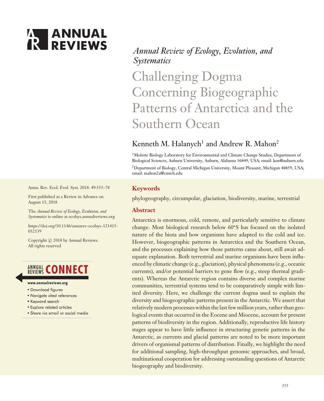 Challenging Dogma Concerning Biogeographic Patterns of Antarctica and the Southern Ocean by Kenneth M. Halanych and Andrew R. Mahon