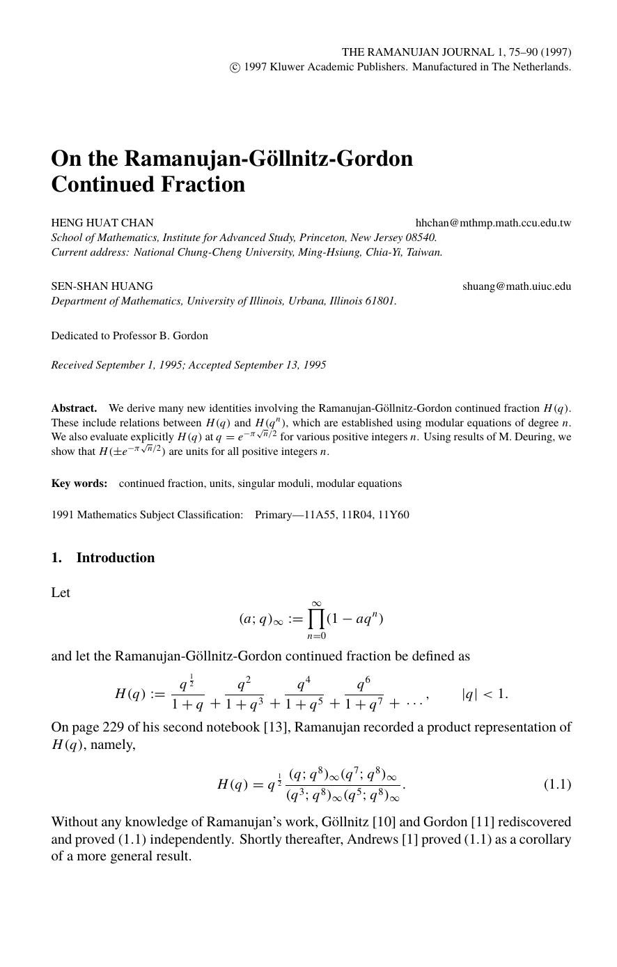 Chan H H, Huang S S - On the Ramanujan-GÐ¤llnitz-Gordon Continued Fraction by The Ramanujan Journal 1 (1997) No.1 75-90