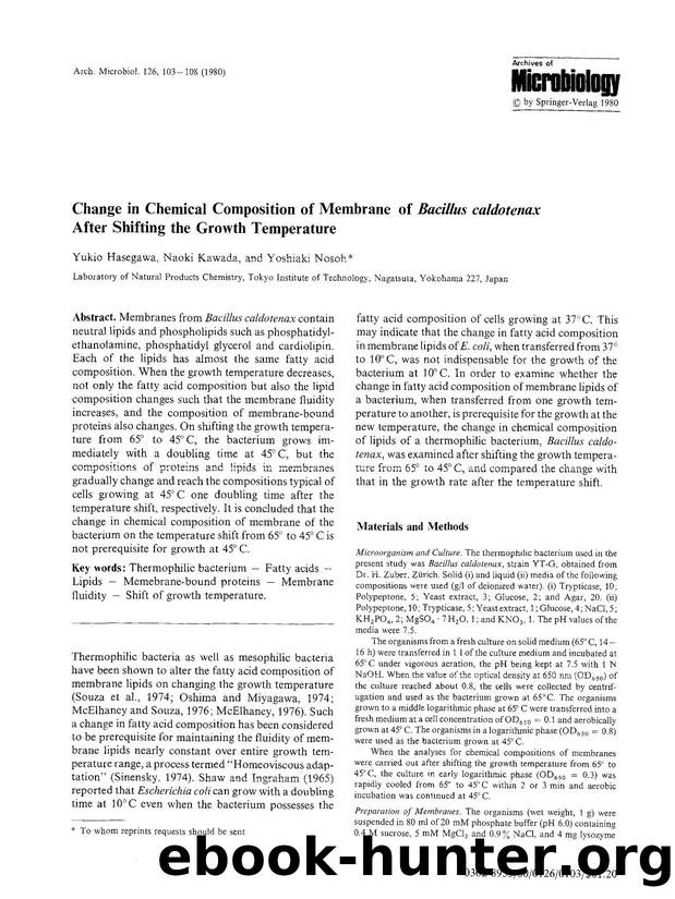Change in chemical composition of membrane of <Emphasis Type="Italic">Bacillus caldotenax<Emphasis> after shifting the growth temperature by Unknown