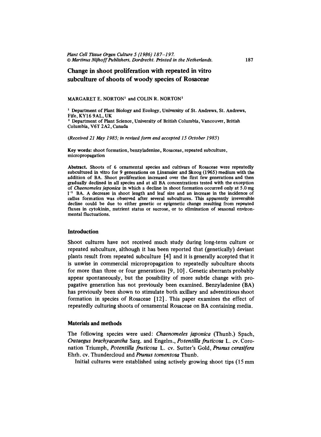 Change in shoot proliferation with repeated in vitro subculture of shoots of woody species of Rosaceae by Unknown