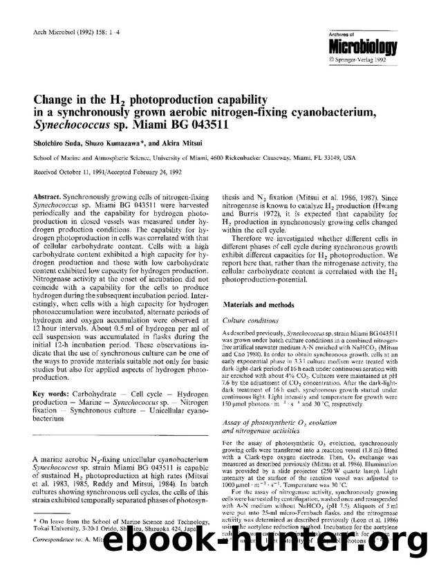 Change in the H<Subscript>2<Subscript> photoproduction capability in a synchronously grown aerobic nitrogen-fixing cyanobacterium, <Emphasis Type="Italic">Synechococcus<Emphasis> sp. Miami BG 043511 by Unknown