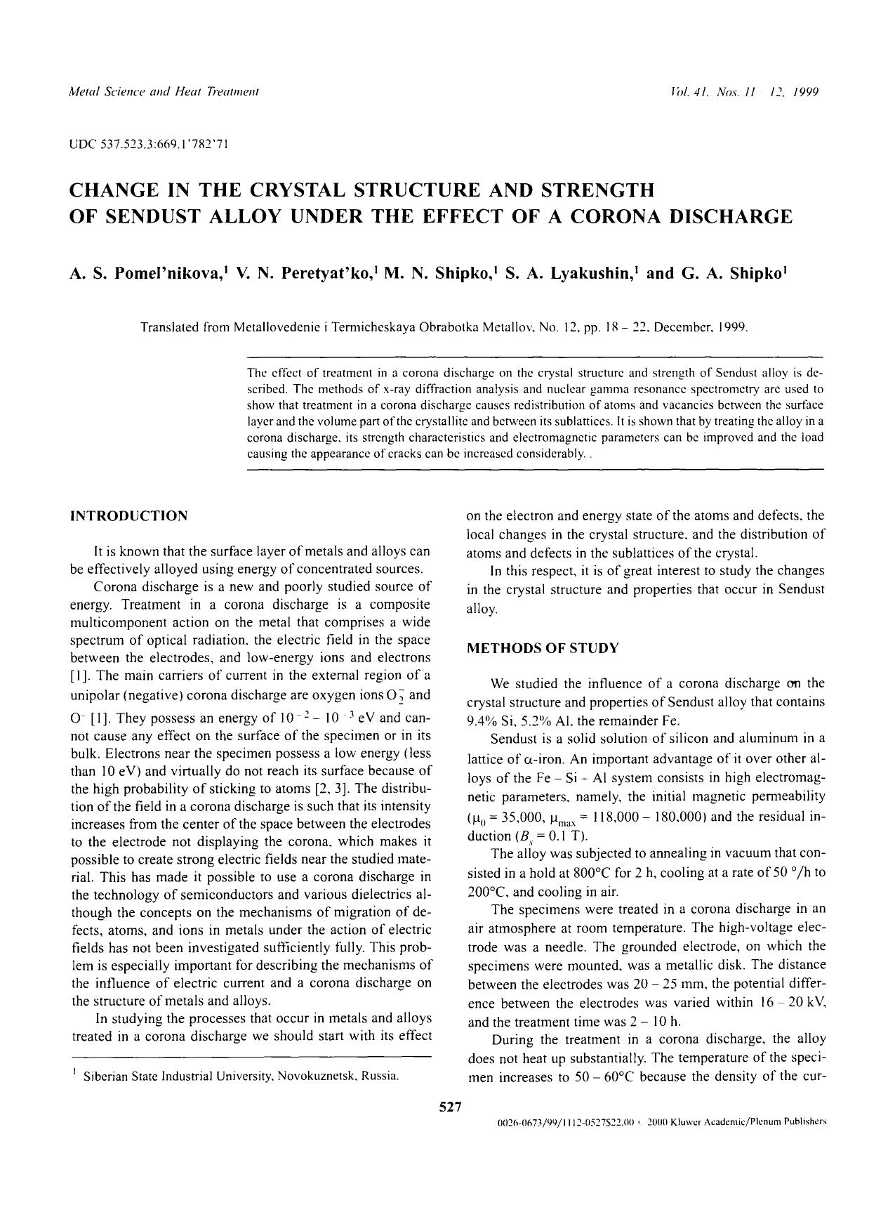 Change in the crystal structure and strength of sendust alloy under the effect of a corona discharge by Unknown