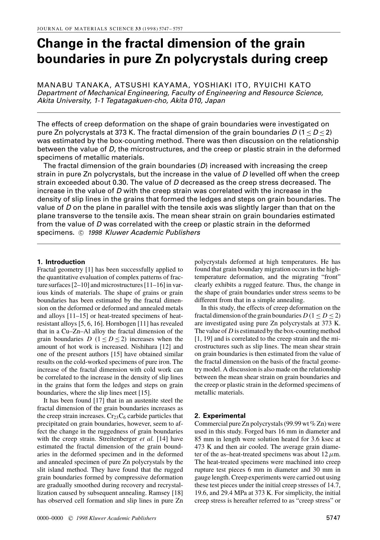 Change in the fractal dimension of the grain boundaries in pure Zn polycrystals during creep by Unknown