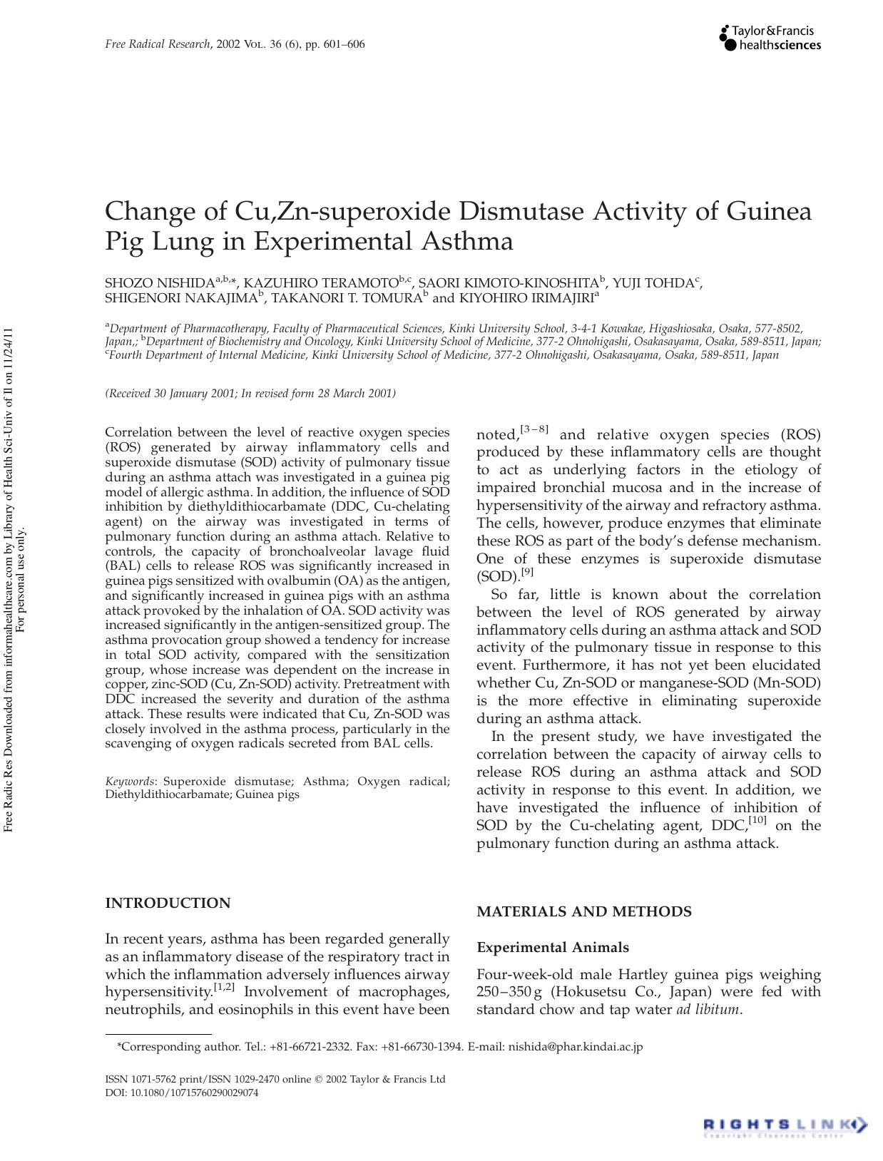 Change of Cu,Zn-superoxide Dismutase Activity of Guinea Pig Lung in Experimental Asthma by unknow