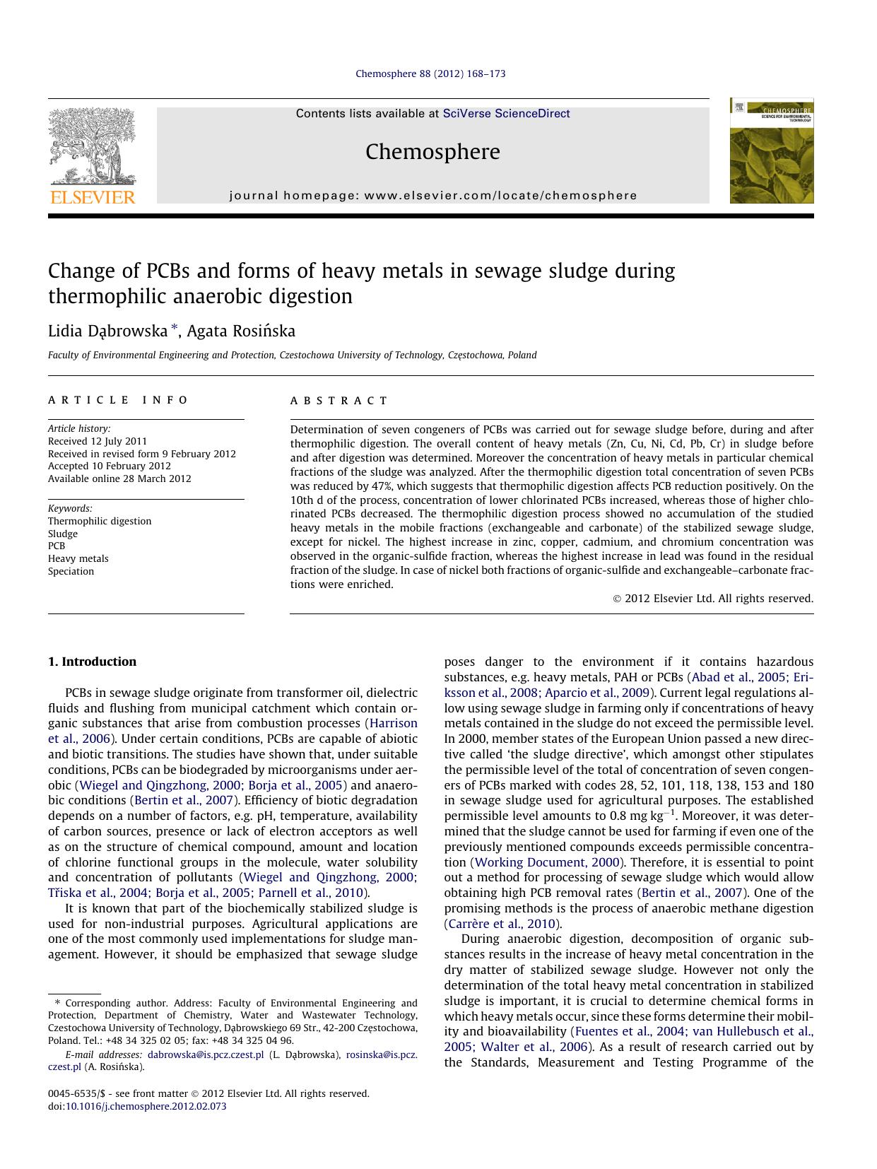 Change of PCBs and forms of heavy metals in sewage sludge during thermophilic anaerobic digestion by Lidia DÄ…browska & Agata Rosińska
