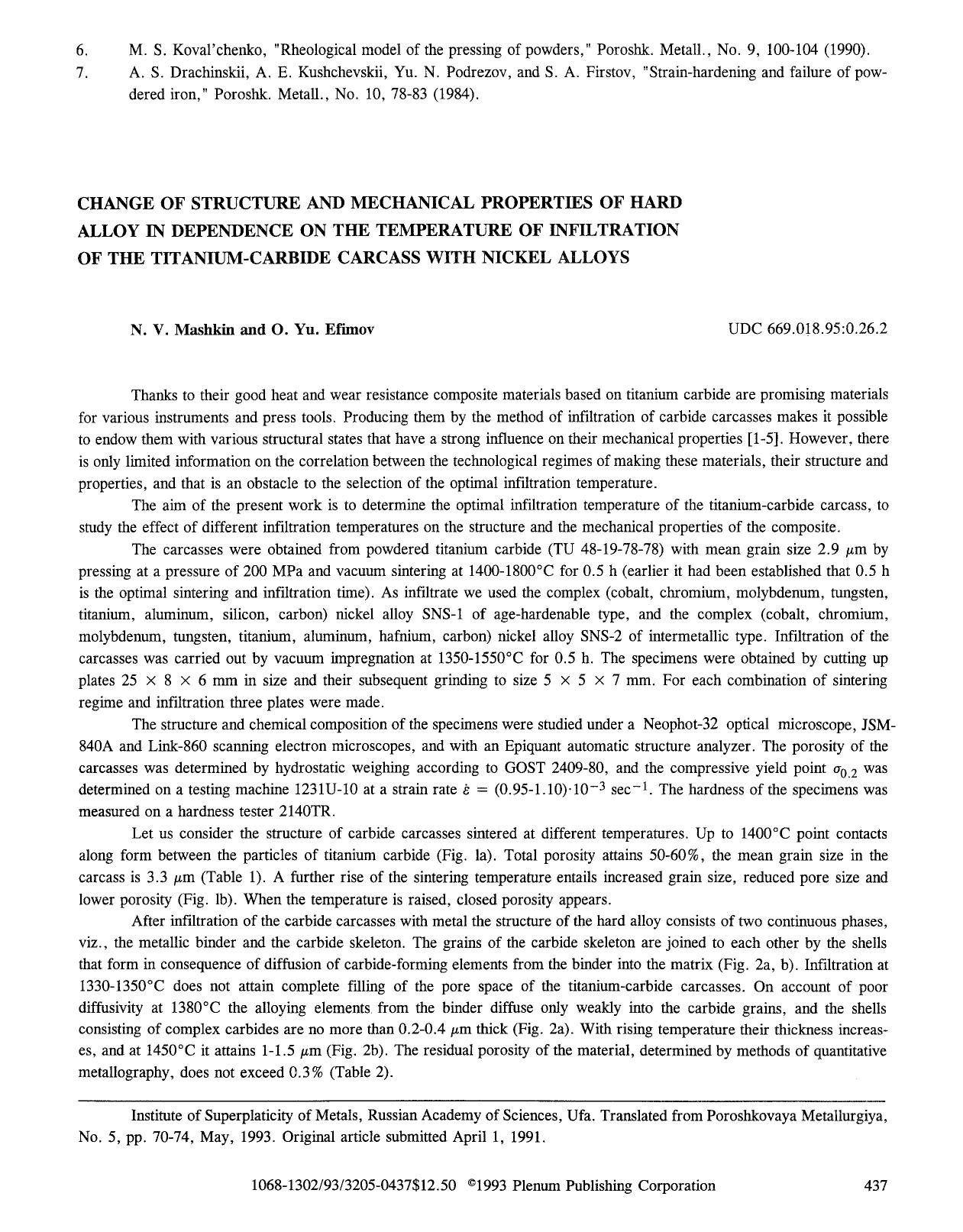 Change of structure and mechanical properties of hard alloy in dependence on the temperature of infiltration of the titanium-carbide carcass with nickel alloys by Unknown