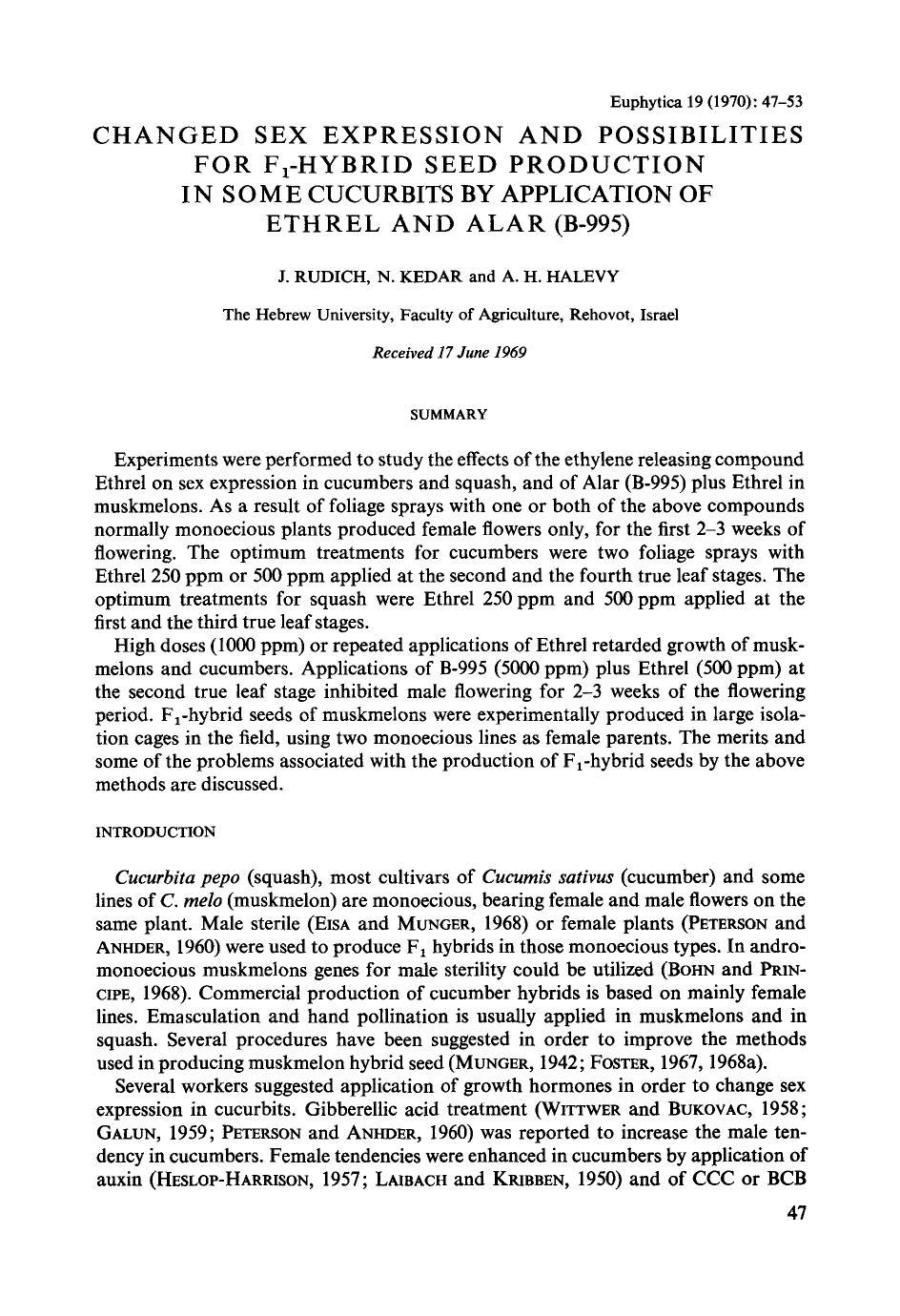 Changed sex expression and possibilities for F <Subscript>1 <Subscript>-hybrid seed production in some cucurbits by application of Ethrel and Alar (B-995) by Unknown