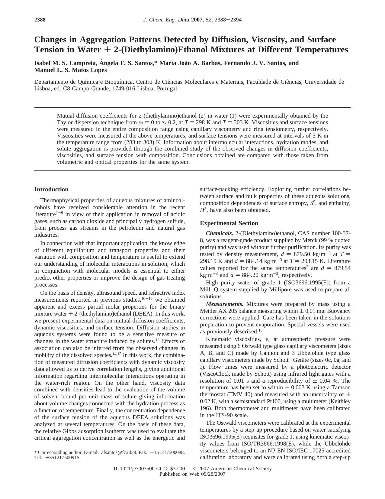 Changes in Aggregation Patterns Detected by Diffusion, Viscosity, and Surface Tension in Water + 2-(Diethylamino)Ethanol Mixtures at Different Temperatures by unknow