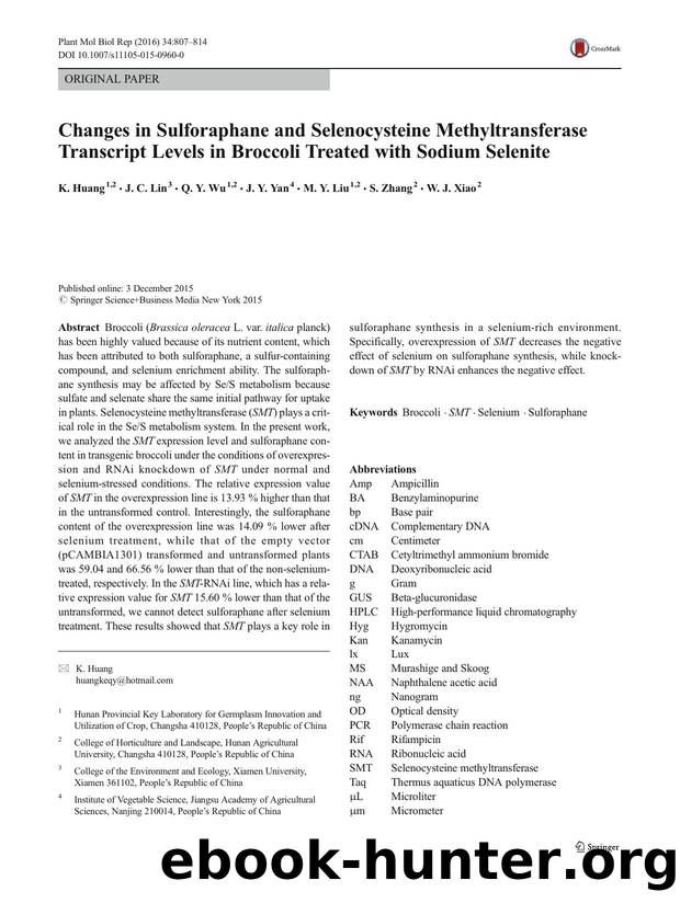 Changes in Sulforaphane and Selenocysteine Methyltransferase Transcript Levels in Broccoli Treated with Sodium Selenite by K. Huang & J. C. Lin & Q. Y. Wu & J. Y. Yan & M. Y. Liu & S. Zhang & W. J. Xiao