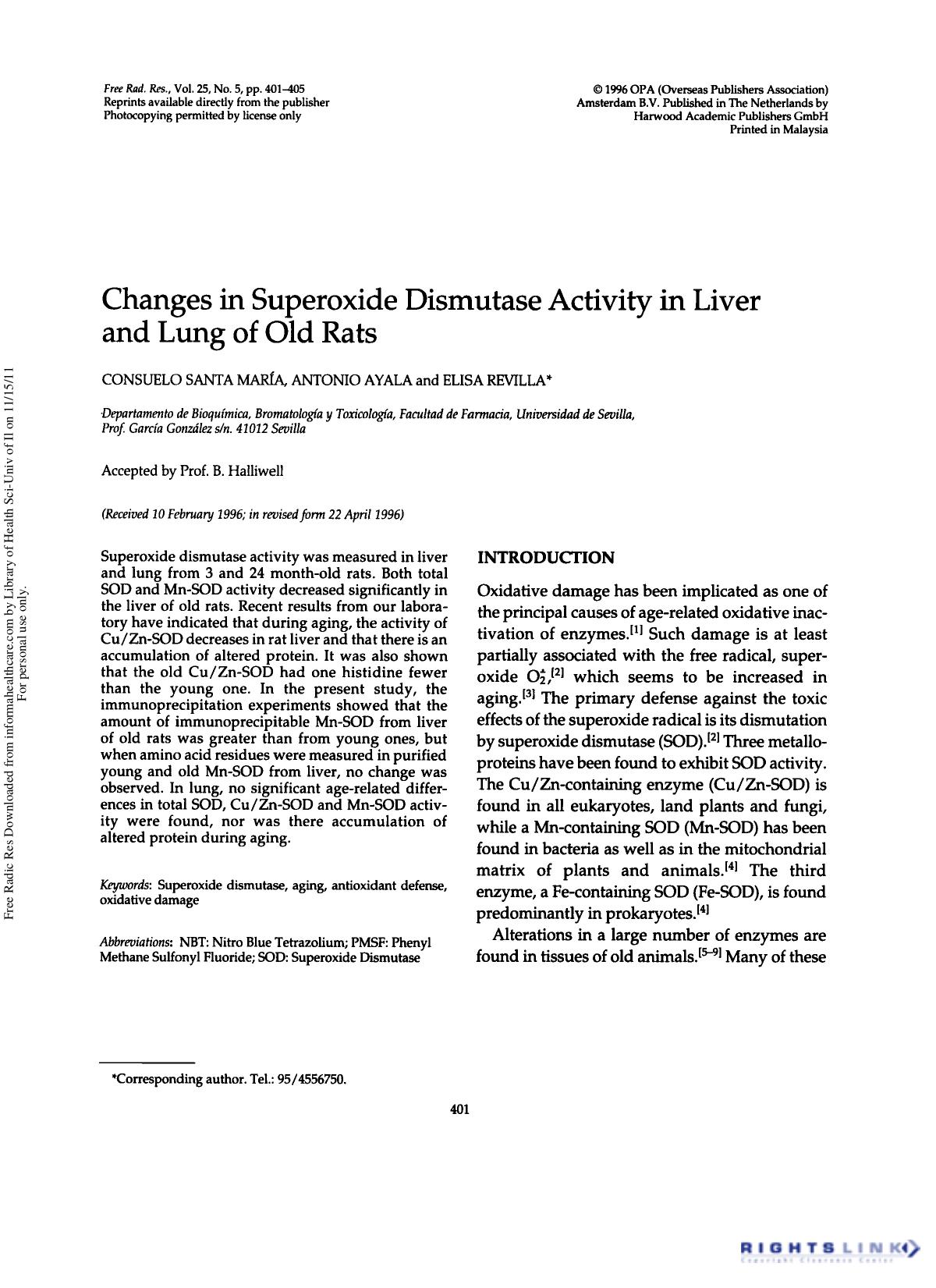 Changes in Superoxide Dismutase Activity in Liver and Lung of Old Rats by Consuelo Santa María1 Antonio Ayala1 & Elisa Revilla1†