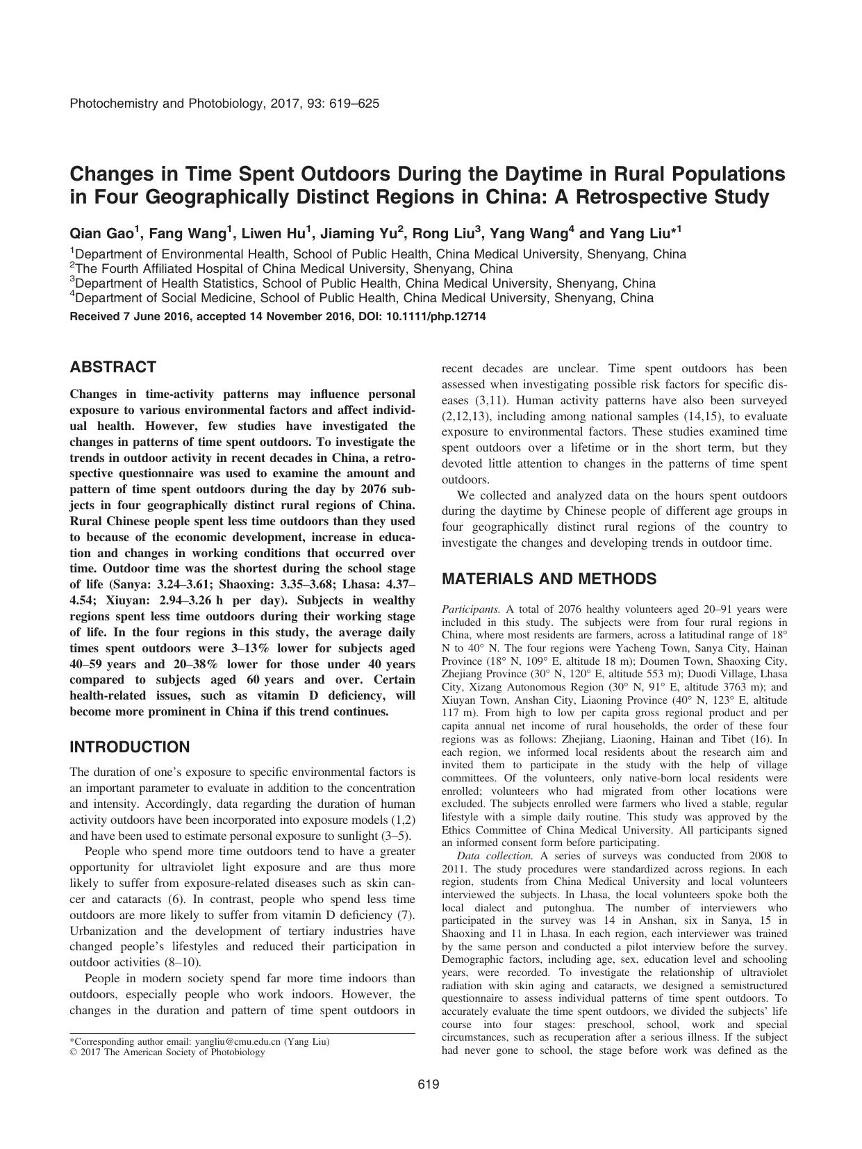 Changes in Time Spent Outdoors During the Daytime in Rural Populations in Four Geographically Distinct Regions in China: A Retrospective Study by Unknown