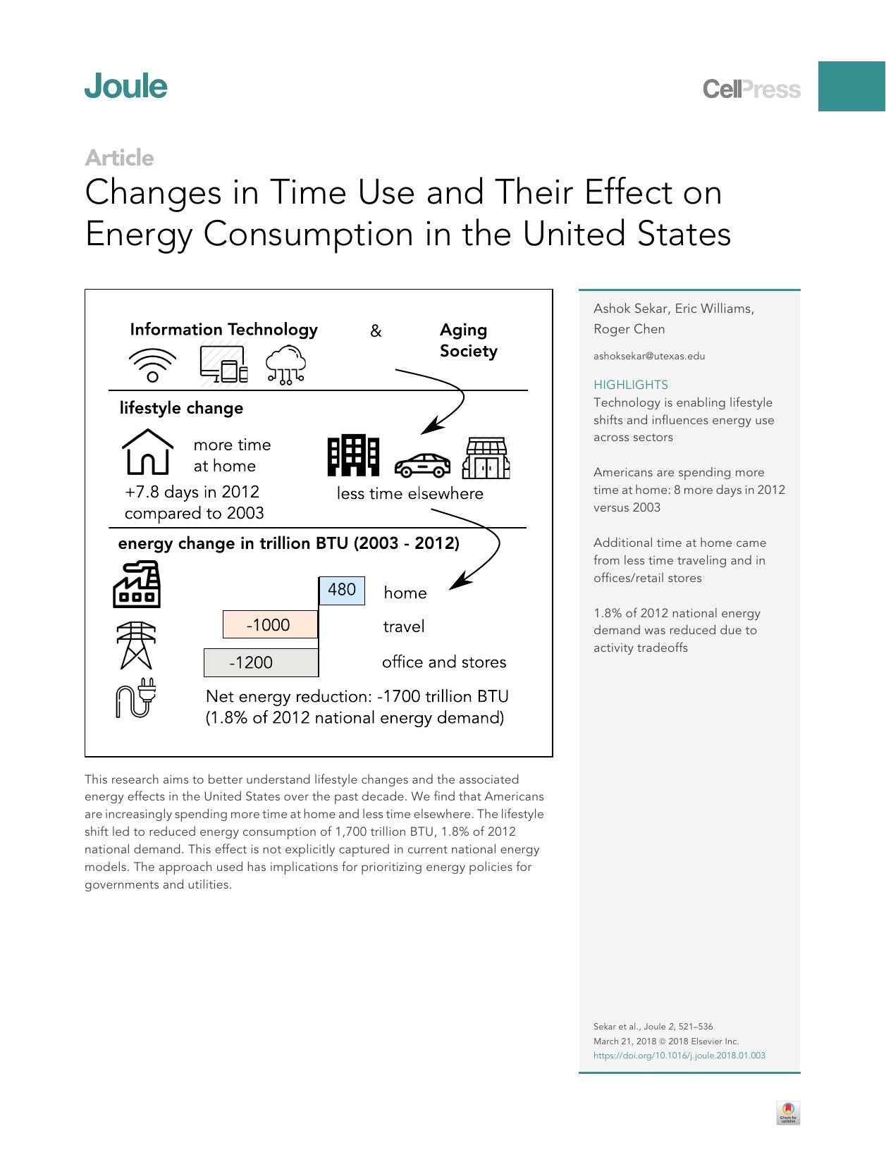 Changes in Time Use and Their Effect on Energy Consumption in the United States by Ashok Sekar & Eric Williams & Roger Chen