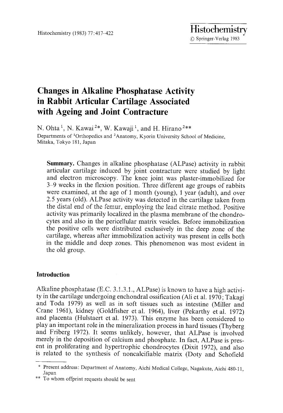 Changes in alkaline phosphatase activity in rabbit articular cartilage associated with ageing and joint contracture by Unknown