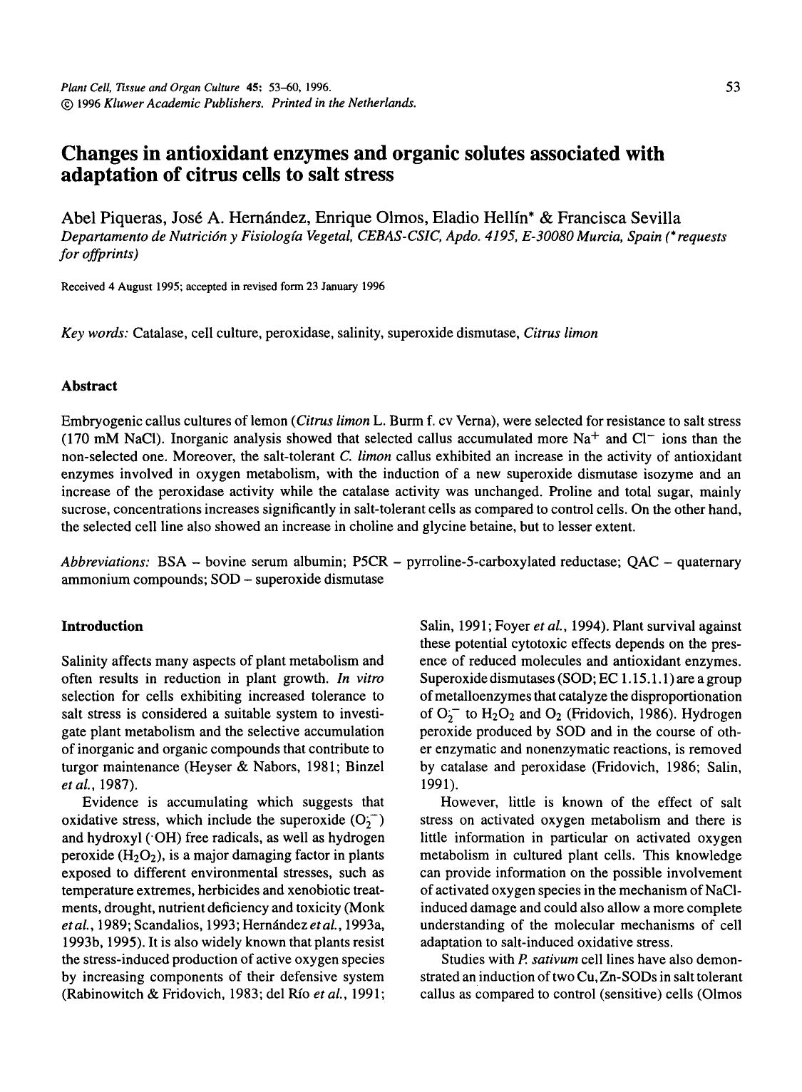 Changes in antioxidant enzymes and organic solutes associated with adaptation of citrus cells to salt stress by Unknown
