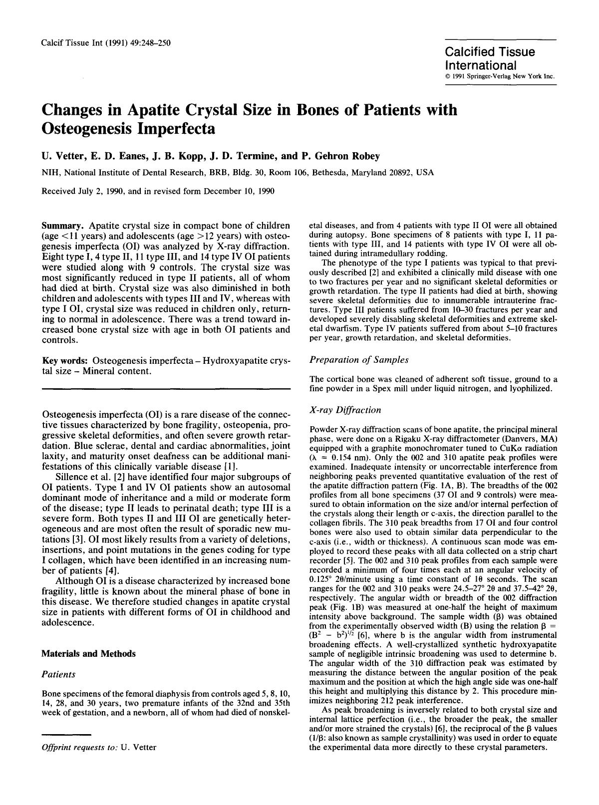 Changes in apatite crystal size in bones of patients with osteogenesis imperfecta by Unknown