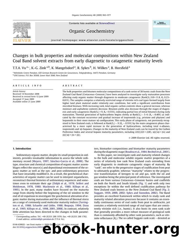 Changes in bulk properties and molecular compositions within New Zealand Coal Band solvent extracts from early diagenetic to catagenetic maturity levels by T.T.A. Vu; K.-G. Zink; K. Mangelsdorf; R. Sykes; H. Wilkes; B. Horsfield