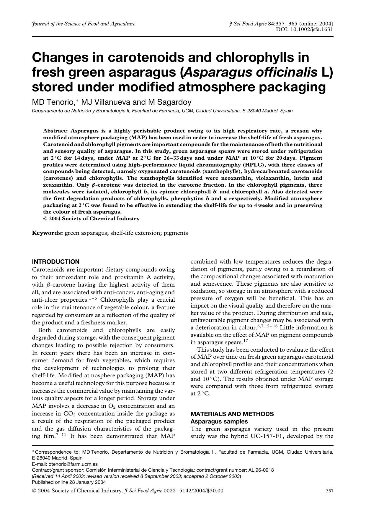 Changes in carotenoids and chlorophylls in fresh green asparagus (Asparagus officinalis L) stored under modified atmosphere packaging by Unknown