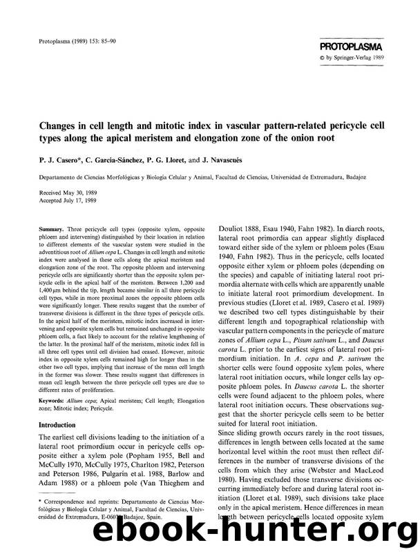 Changes in cell length and mitotic index in vascular pattern-related pericycle cell types along the apical meristem and elongation zone of the onion root by Unknown